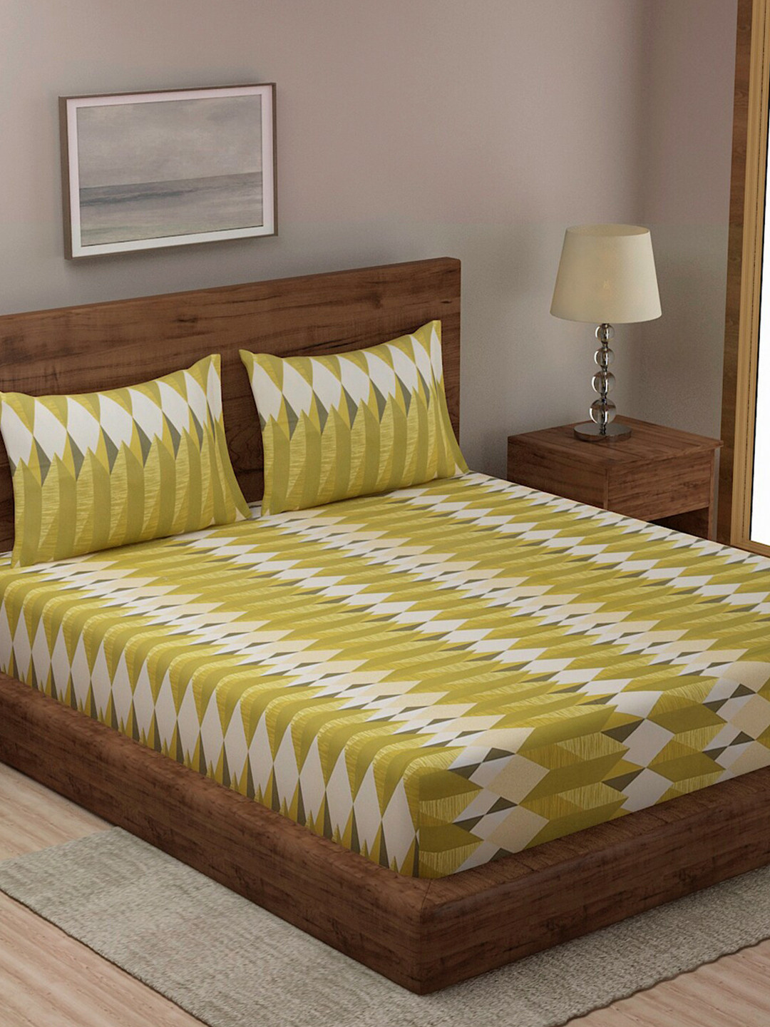 

Niamh by Tag 7 Green & Cream-Coloured Geometric 330 TC King Bedsheet with 2 Pillow Covers