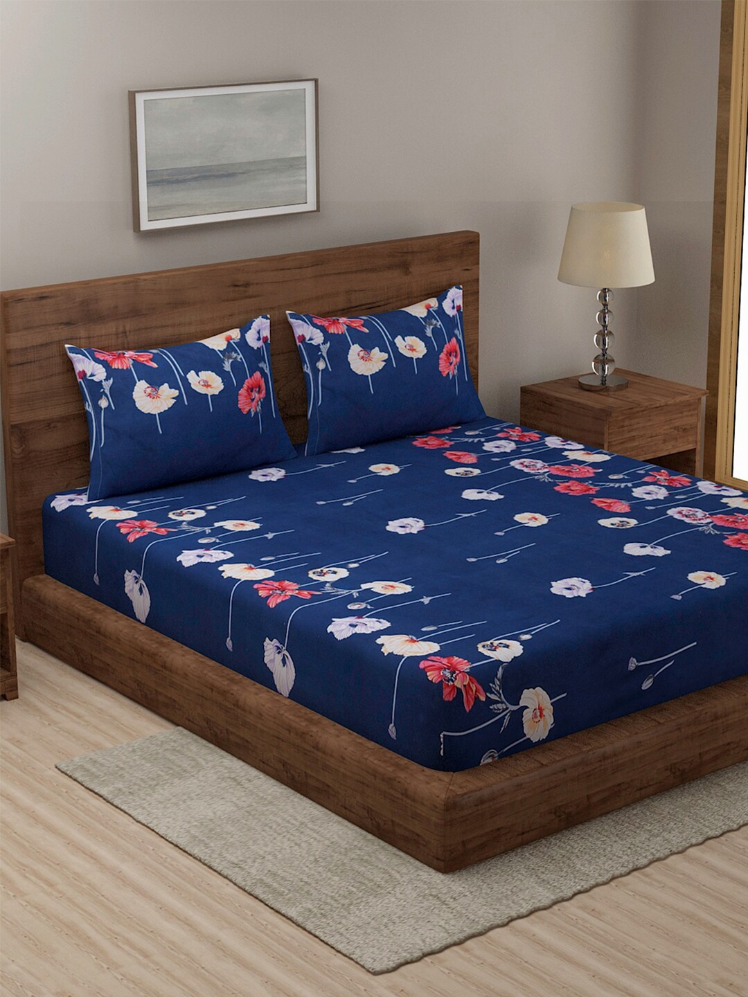 

Niamh by Tag 7 Navy Blue & Brown Floral 144 TC King Bedsheet with 2 Pillow Covers