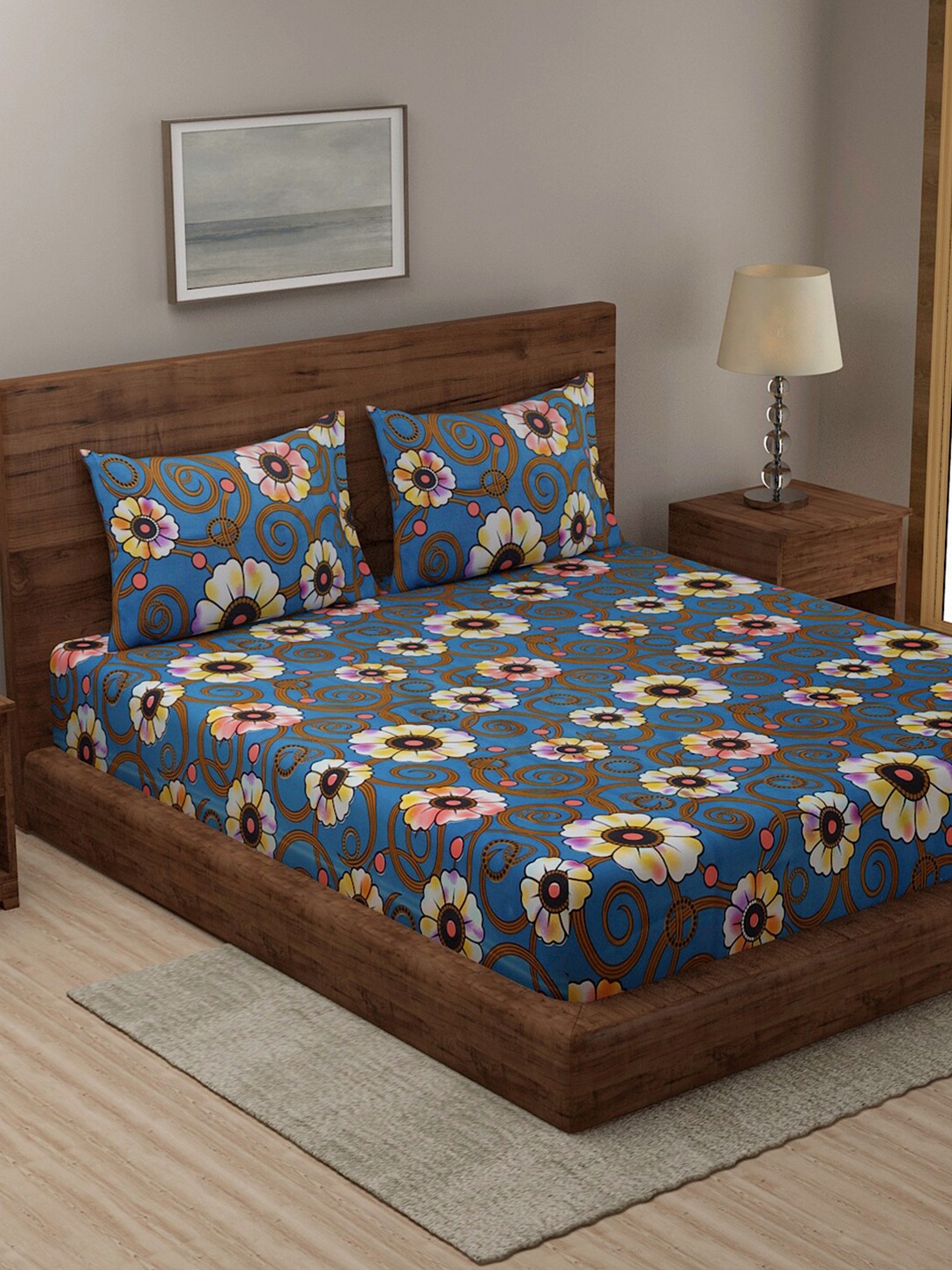 

Niamh by Tag 7 Blue & Brown Floral 144 TC King Bedsheet with 2 Pillow Covers