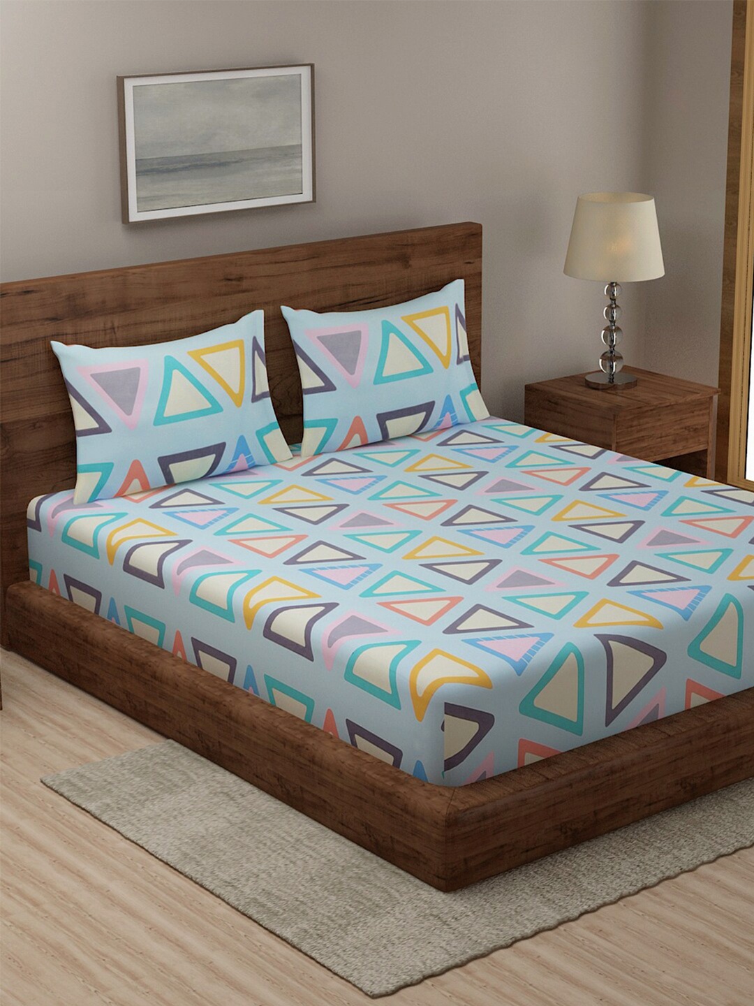 

Niamh by Tag 7 Blue & Yellow Geometric 144 TC King Bedsheet with 2 Pillow Covers