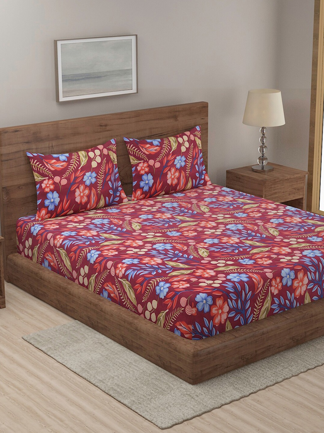 

Niamh by Tag 7 Maroon & Blue Floral 144 TC King Bedsheet with 2 Pillow Covers