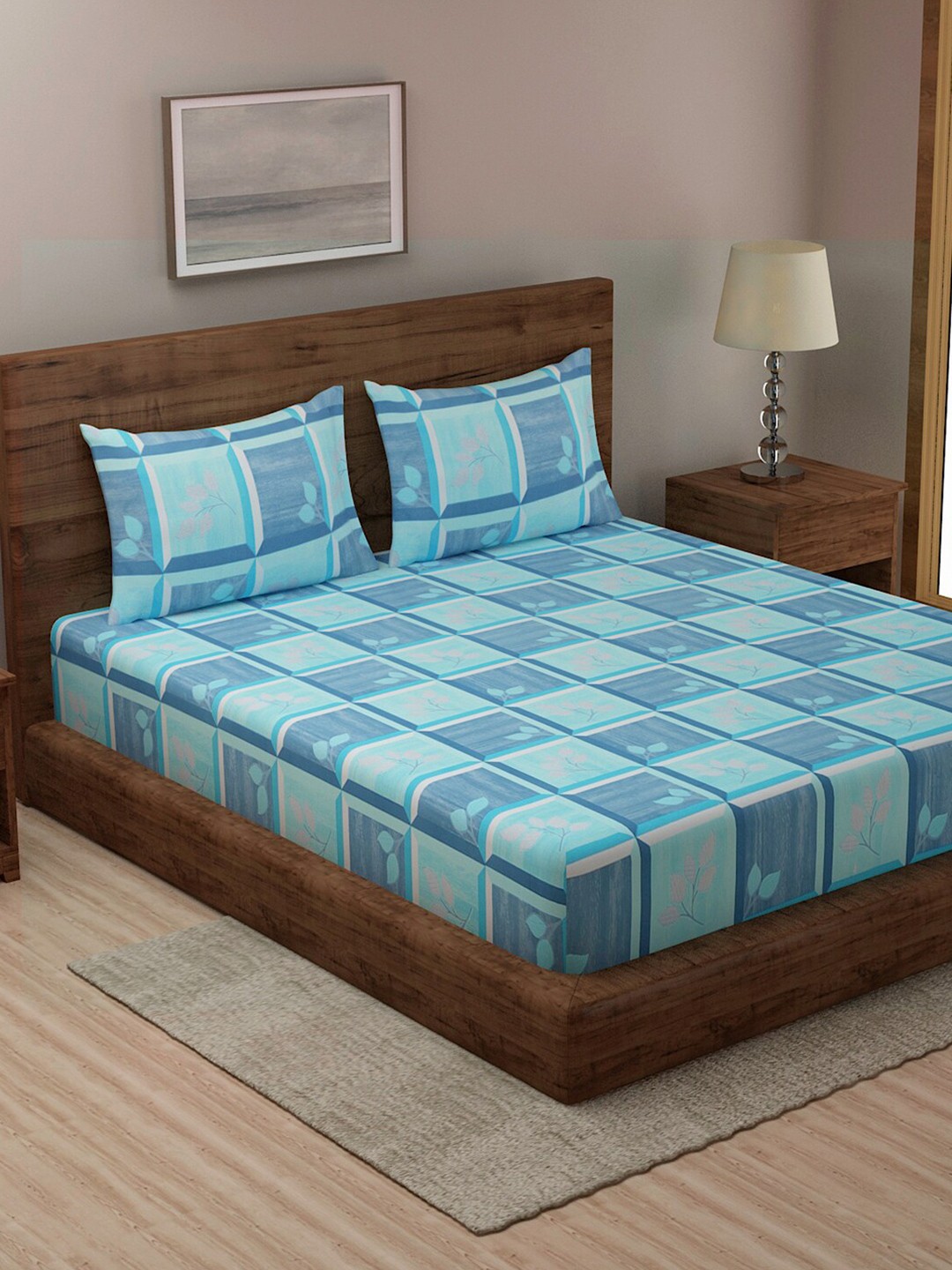 

Niamh by Tag 7 Blue & White Geometric 330 TC Cotton King Bedsheet with 2 Pillow Covers