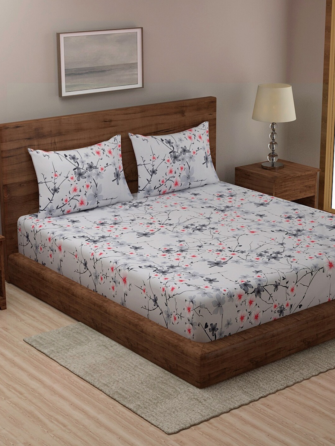 

Niamh by Tag 7 Grey & Red Floral 144 TC Cotton King Bedsheet with 2 Pillow Covers