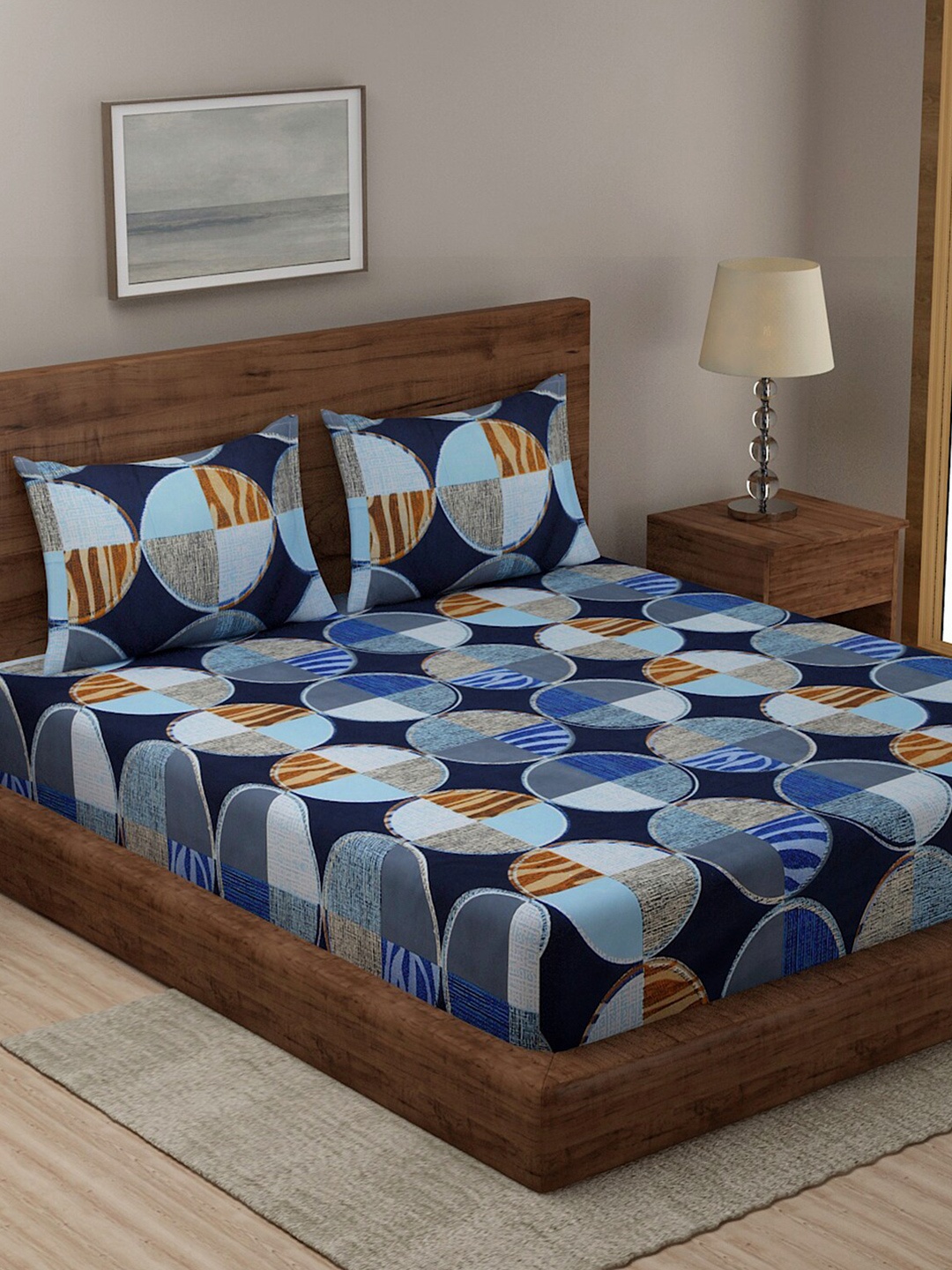 

Niamh by Tag 7 Navy Blue & Beige Geometric 144 TC King Bedsheet with 2 Pillow Covers