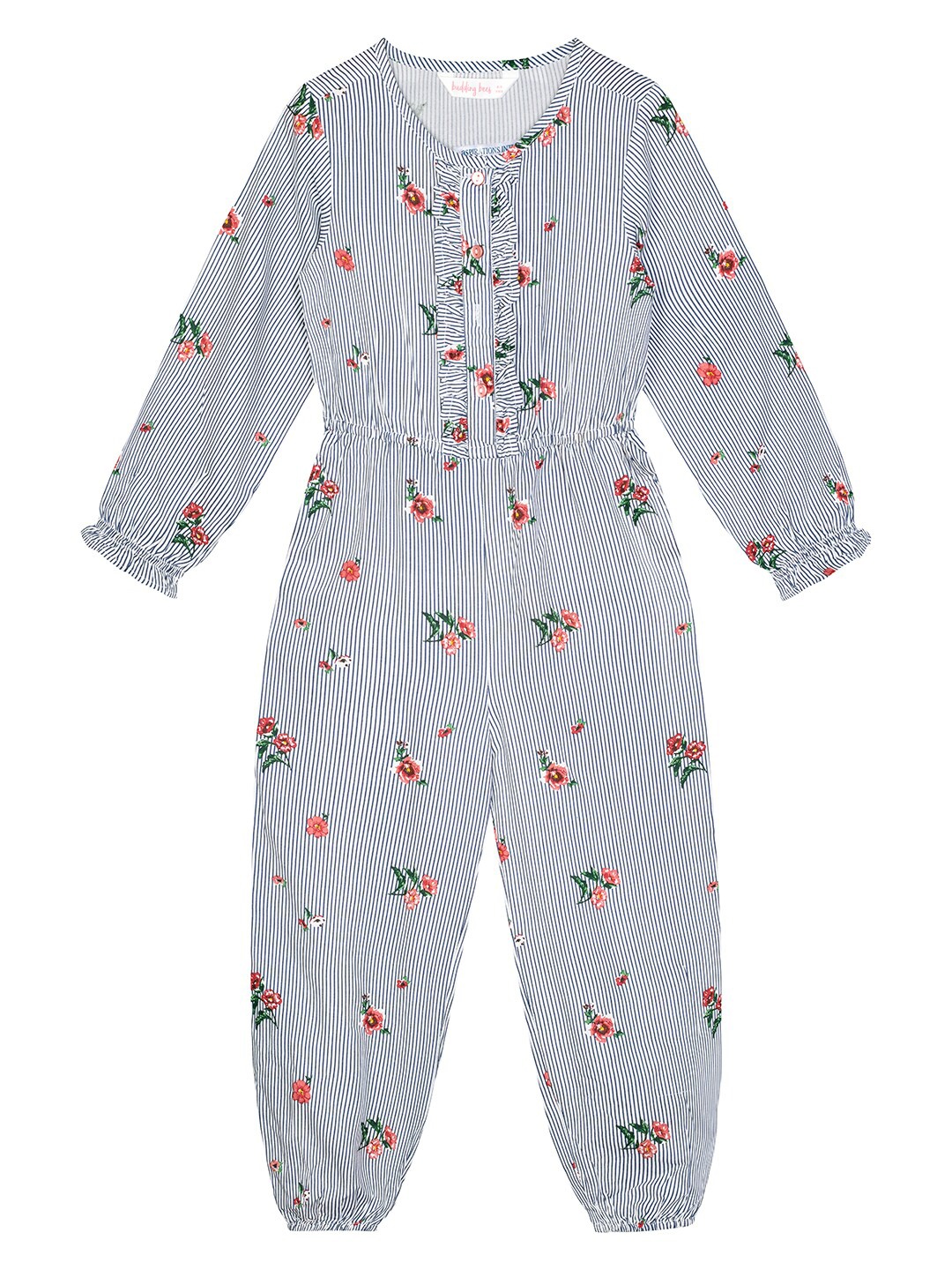 

Budding Bees Girls White & Navy Blue Printed Basic Jumpsuit