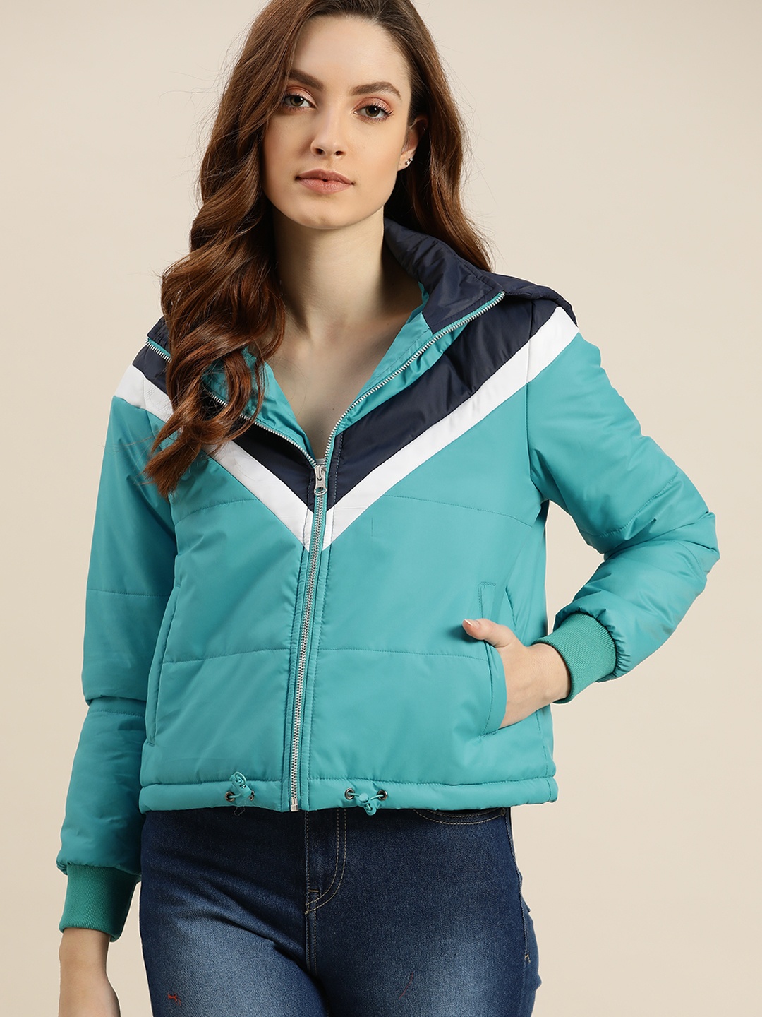 

ether Women Blue Striped Padded Detachable Hood Jacket