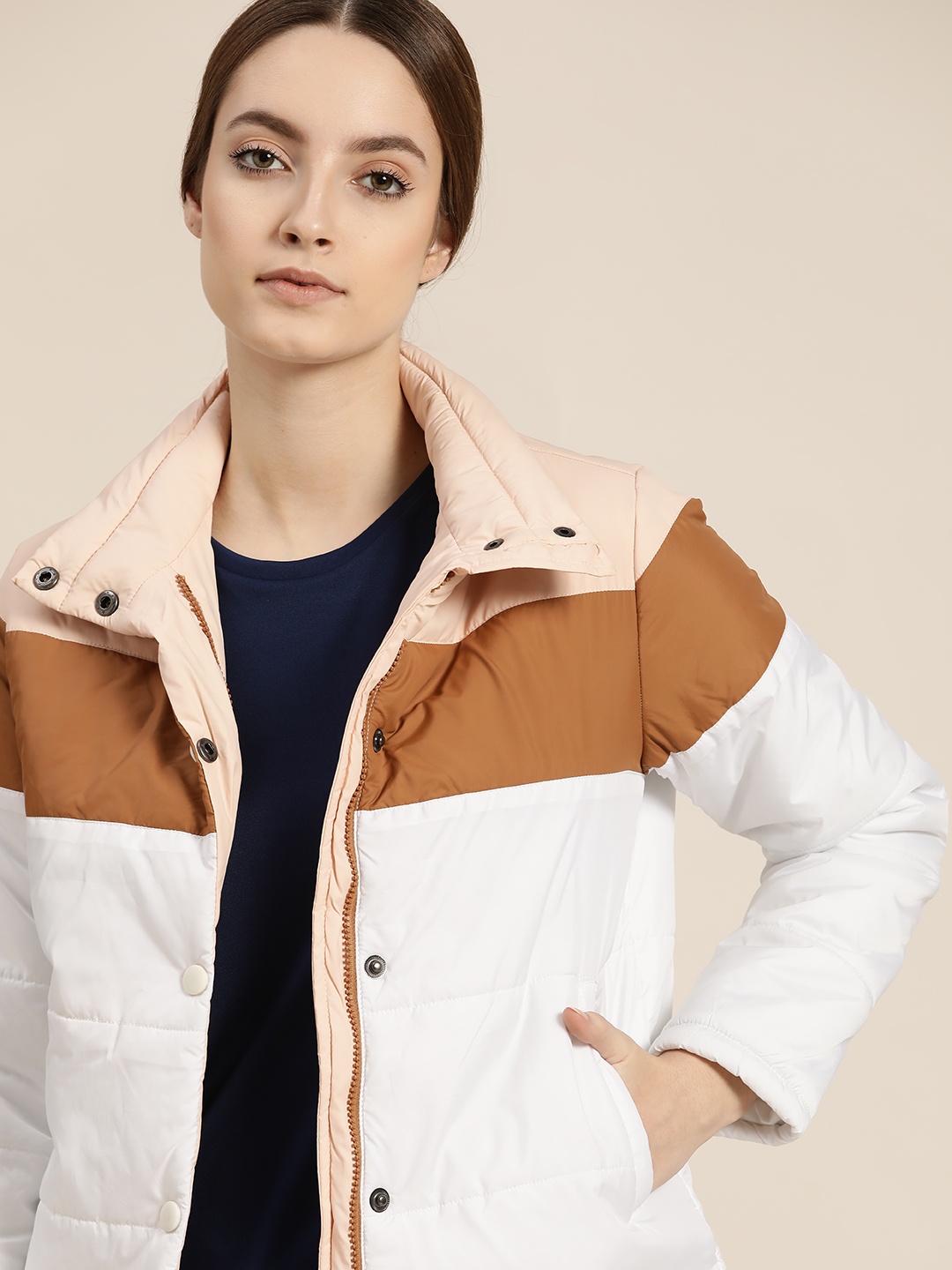 

ether Women White Brown Colourblocked Padded Jacket