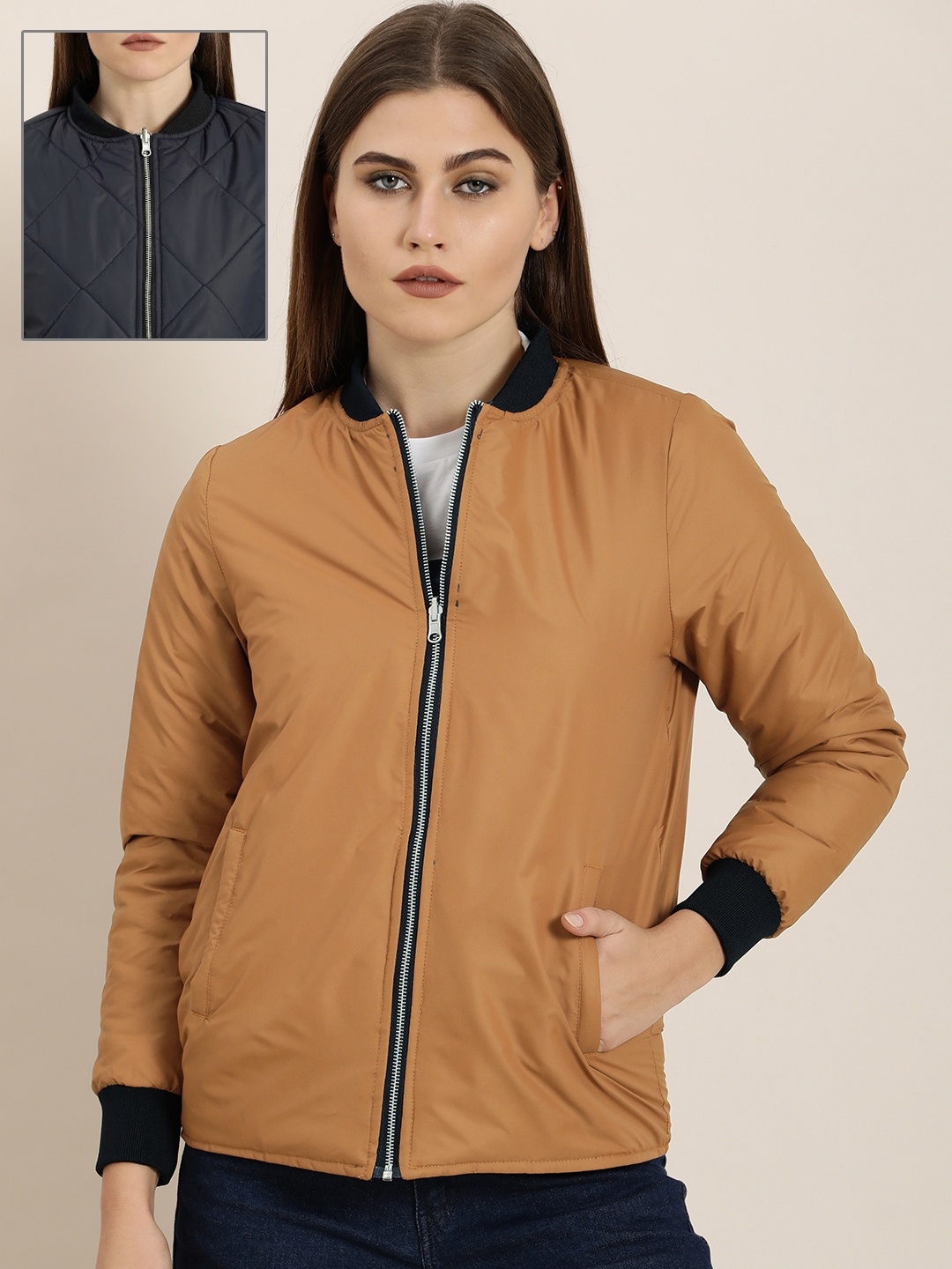 

ether Women Brown Reversible Bomber Jacket