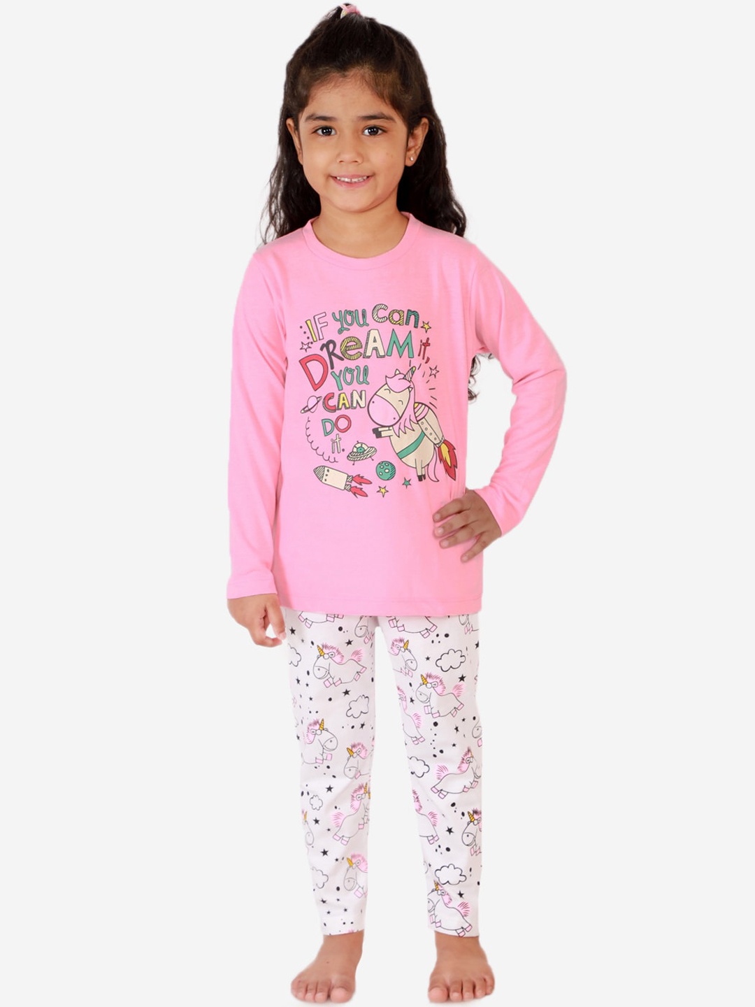 

Lazy Shark Girls Pink & White Printed Night suit