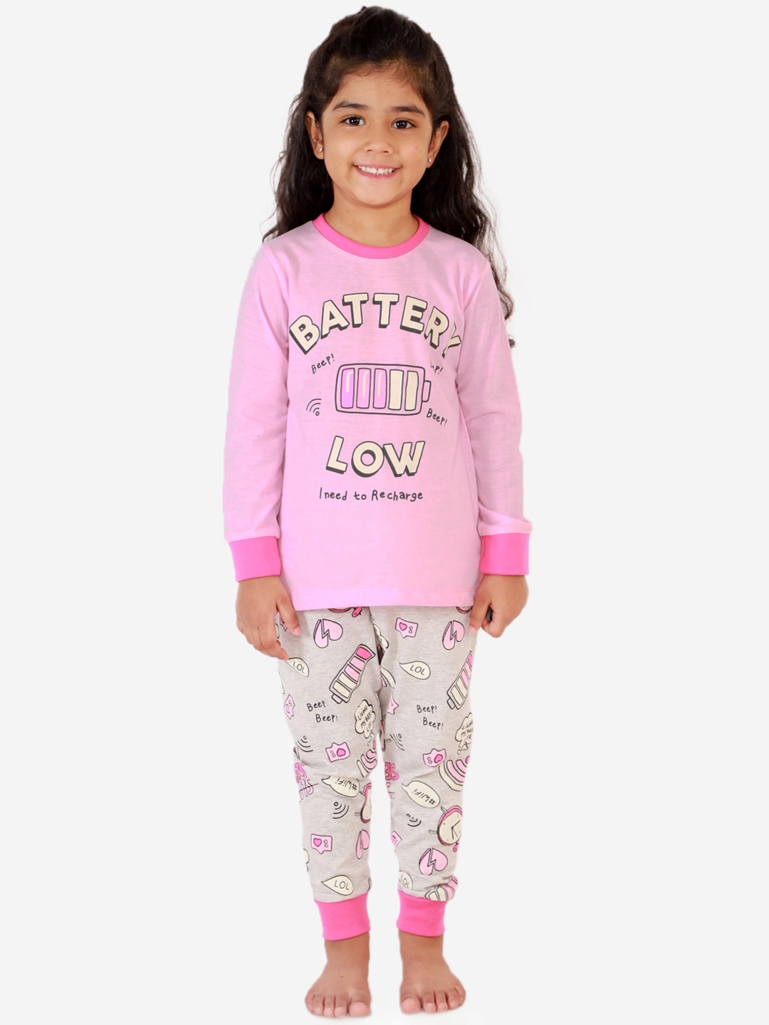 

Lazy Shark Girls Pink & Grey Printed Night suit