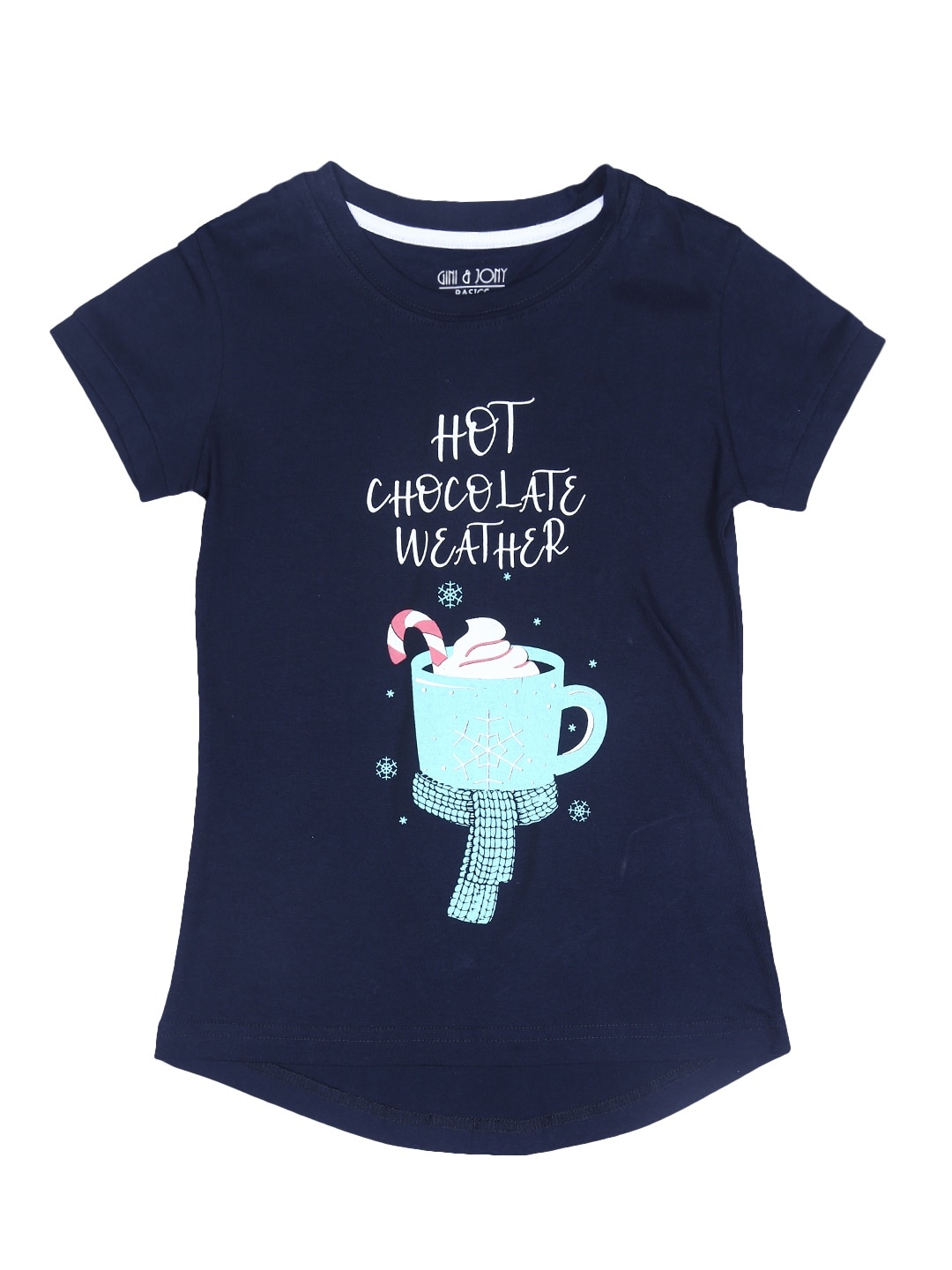 

Gini and Jony Girls Navy Blue Printed Pure Cotton T-shirt