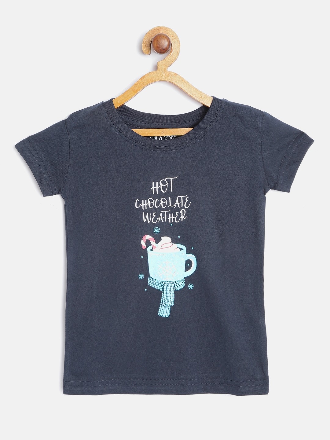 

Gini and Jony Girls Navy Blue & White Cotton Typography Print T-shirt