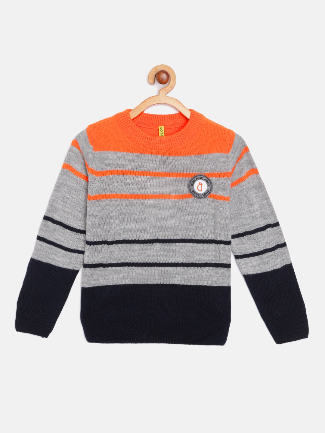 

Gini and Jony Boys Grey Melange & Orange Striped Pullover with Applique Detail