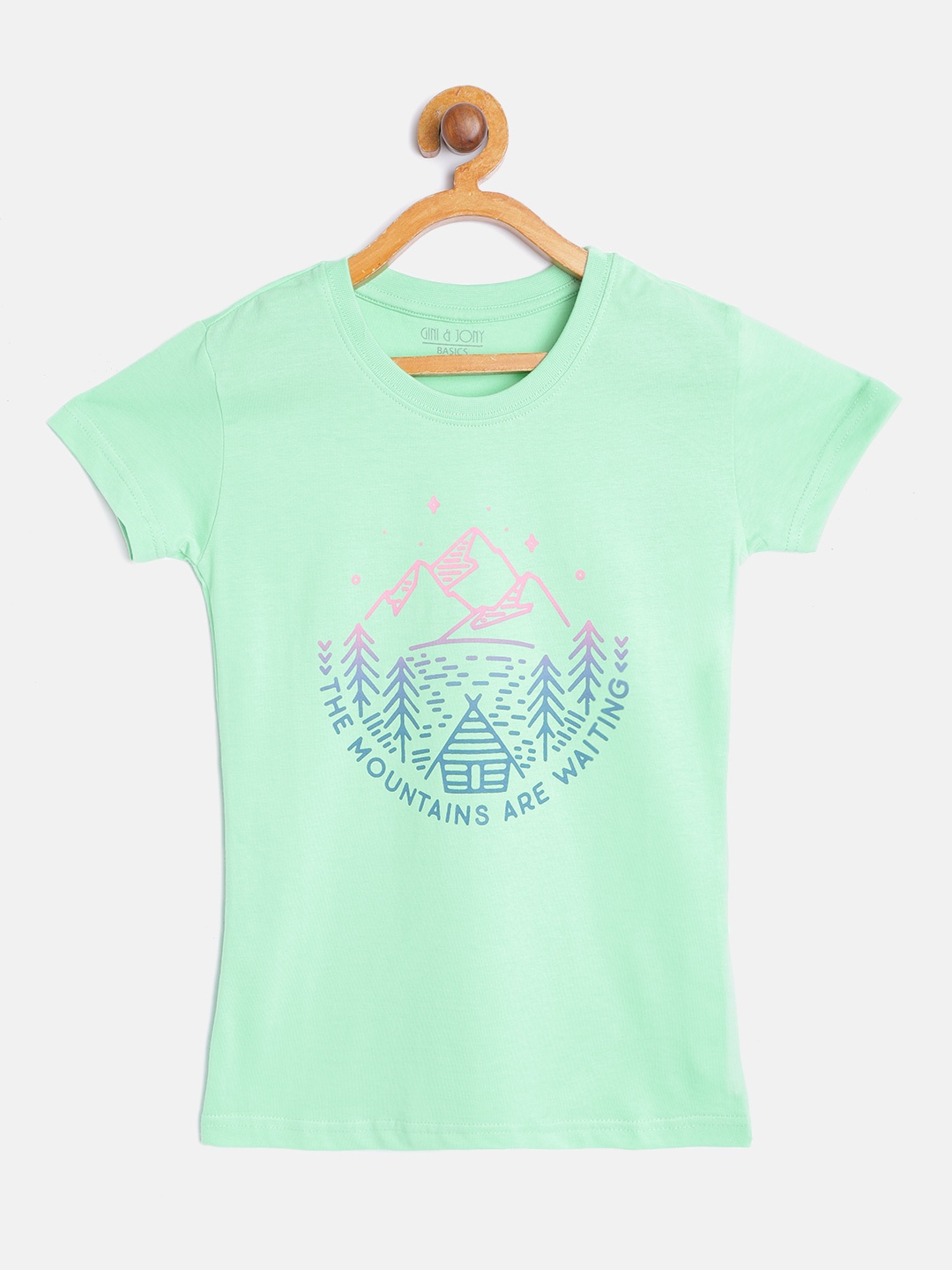 

Gini and Jony Girls Sea Green & Blue Cotton Graphic Typography Print T-shirt