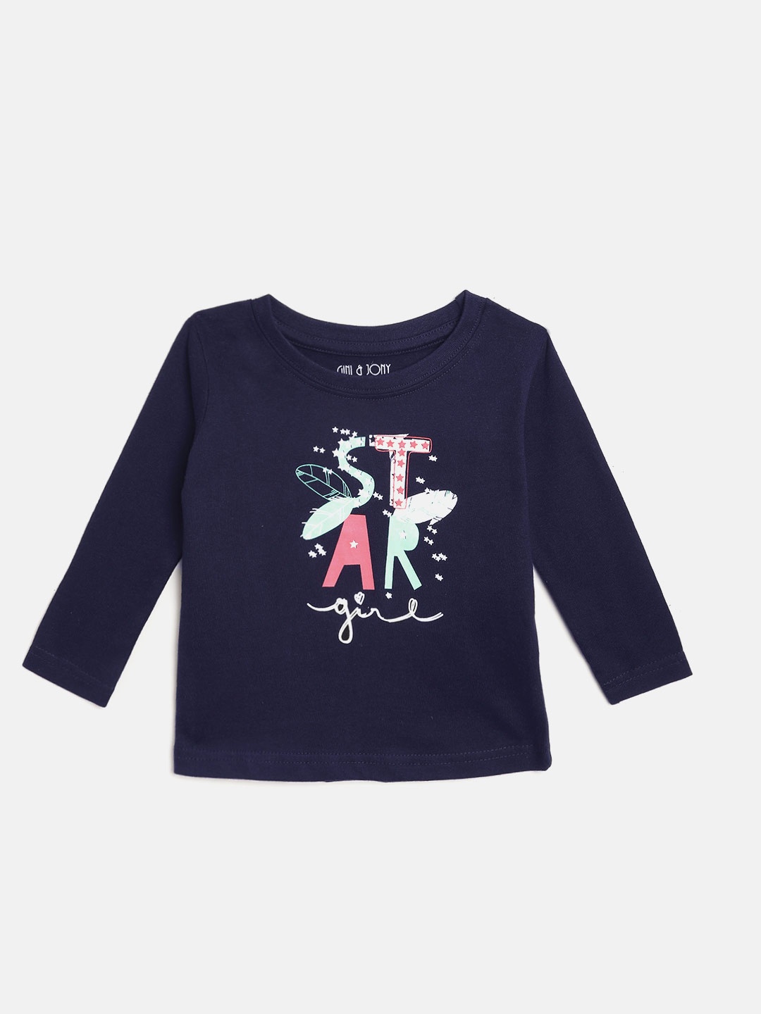 

Gini and Jony Girls Navy Blue & Pink Pure Cotton Typography Print T-shirt