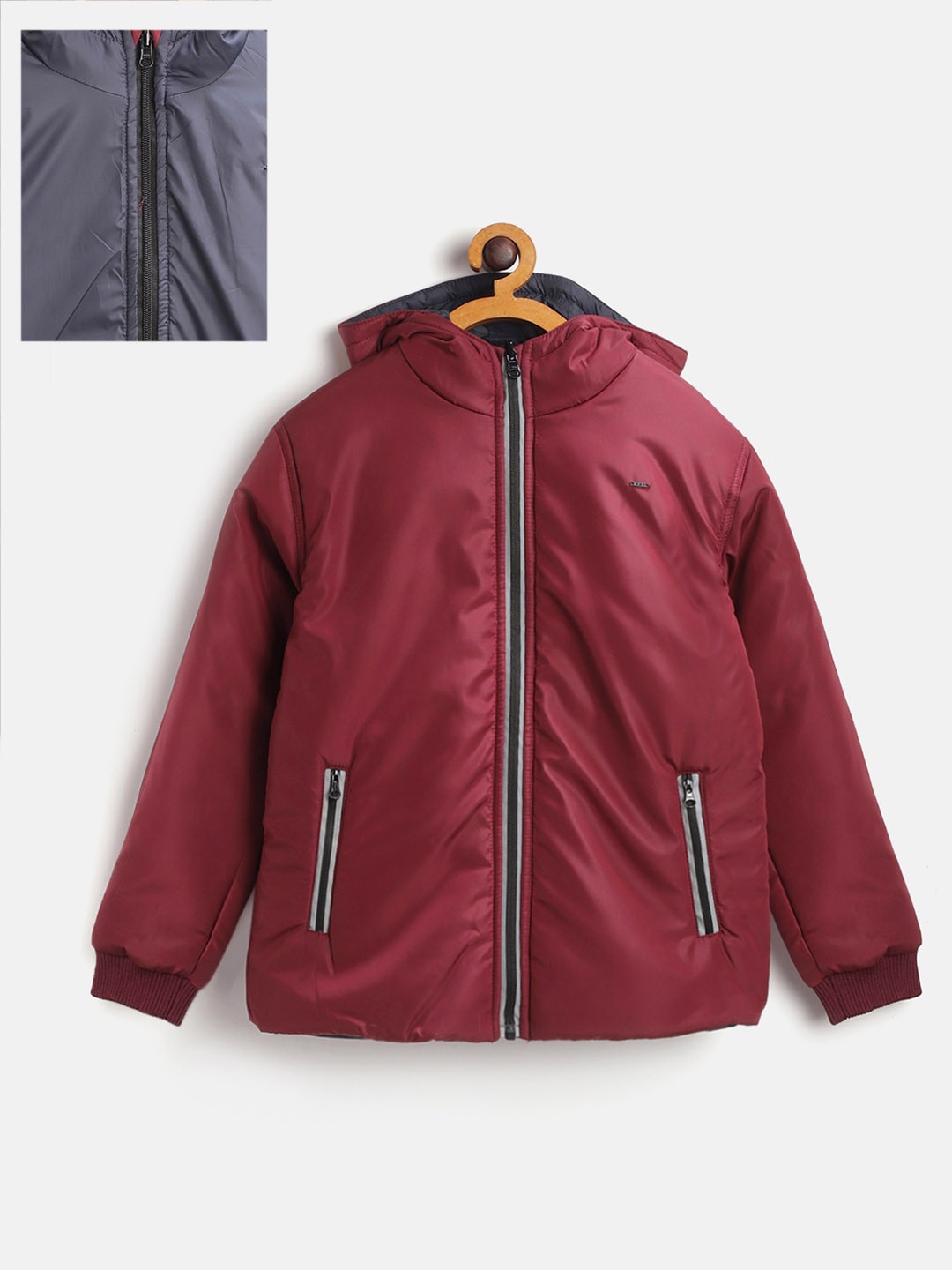 

Gini and Jony Boys Maroon & Navy Blue Solid Hooded Reversible Padded Jacket