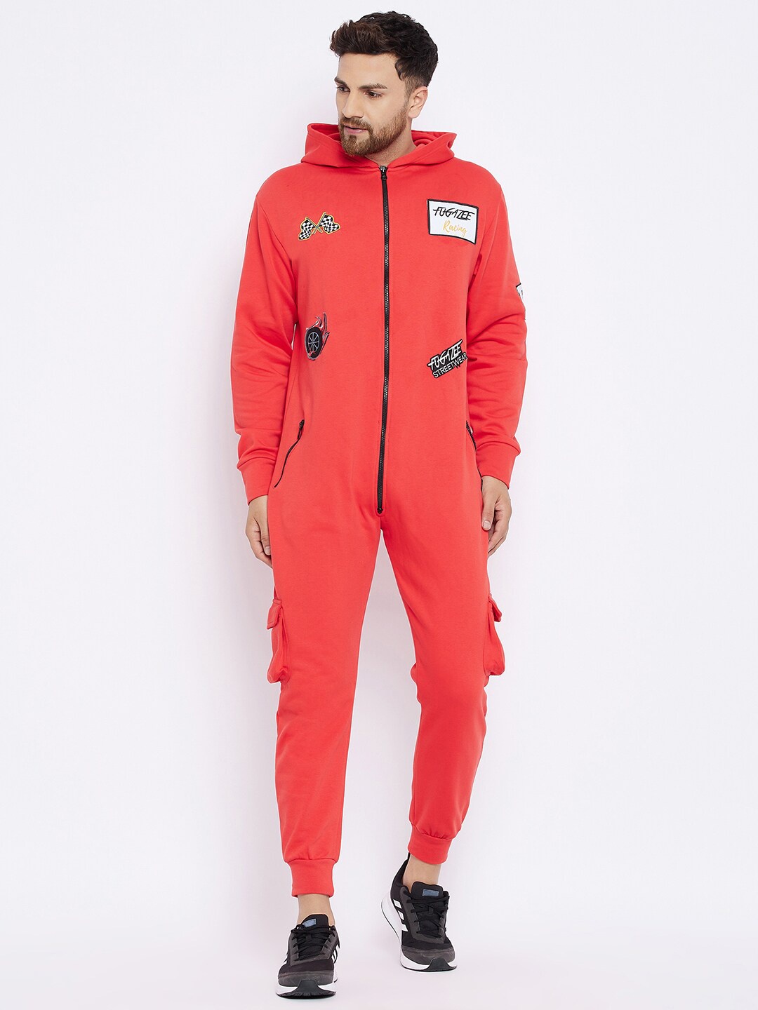 

FUGAZEE Men Red Pure Cotton Hooded Racer Onesie
