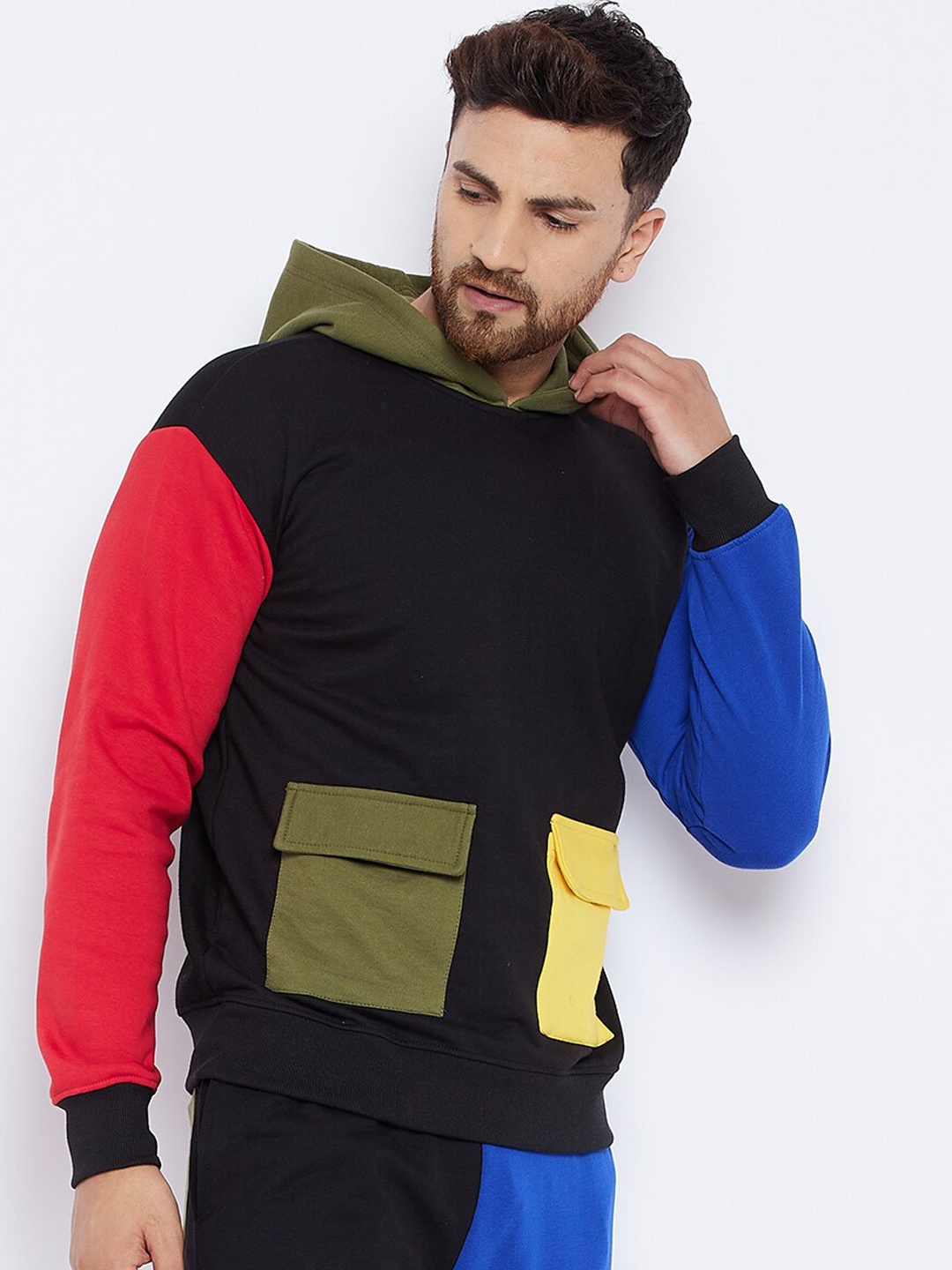 

FUGAZEE Men Black & Yellow Colourblocked Hooded Pure Cotton Sweatshirt