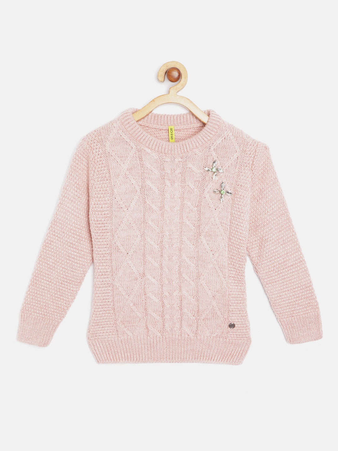 

Gini and Jony Girls Peach-Coloured Cable Knit Pullover with Embellished Detail