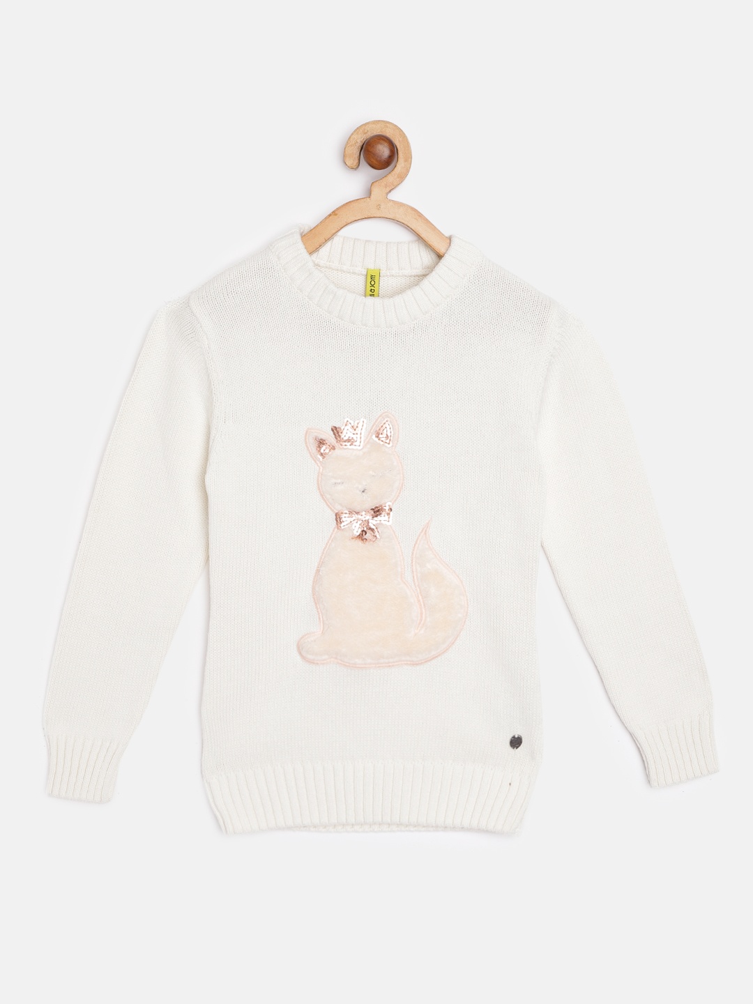 

Gini and Jony Girls White & Peach-Coloured Pure Cotton Cat Applique Pullover