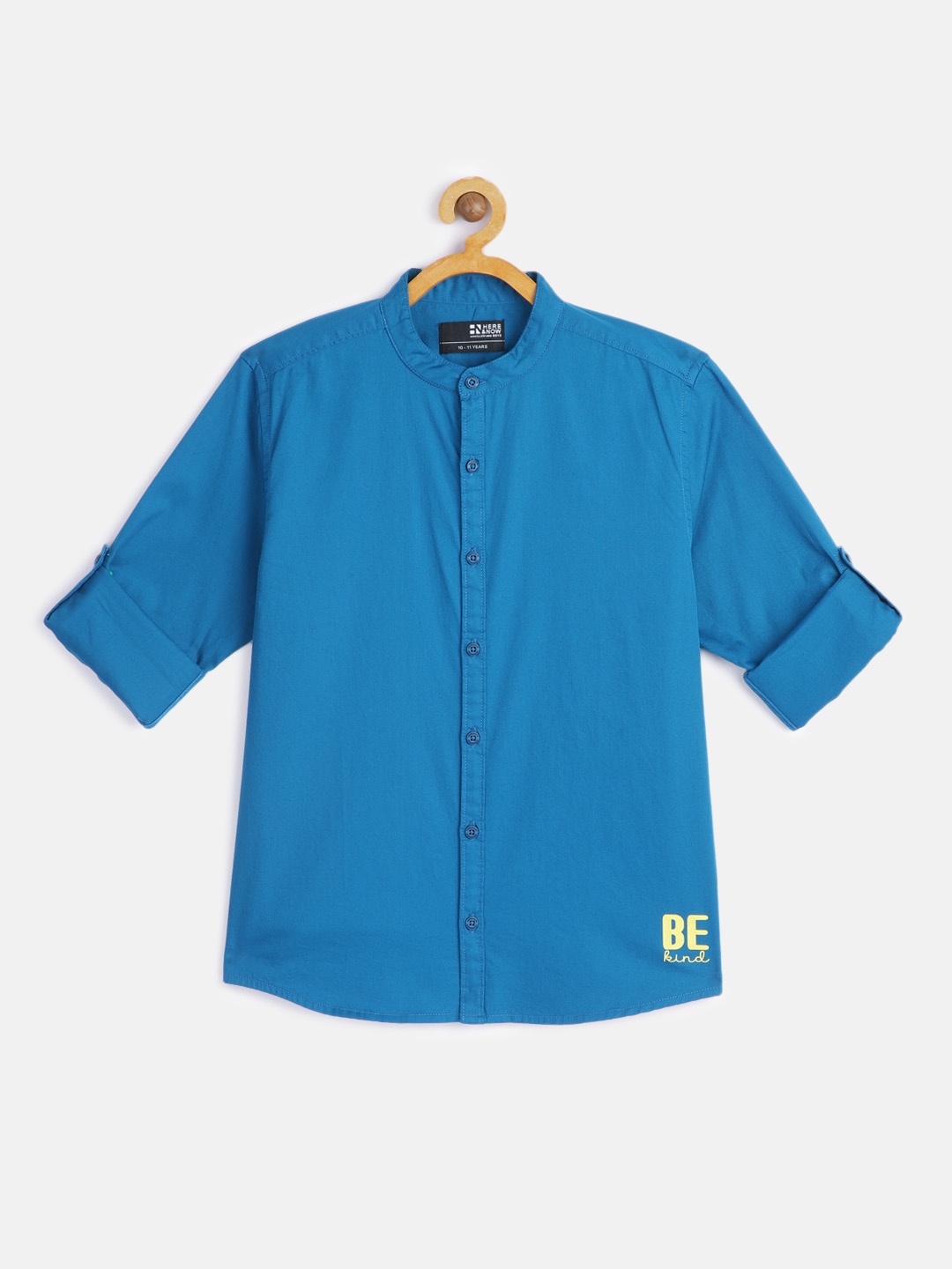 

HERE&NOW Boys Teal Blue Solid Mandarin Collar Pure Cotton Casual Shirt with Print Detail