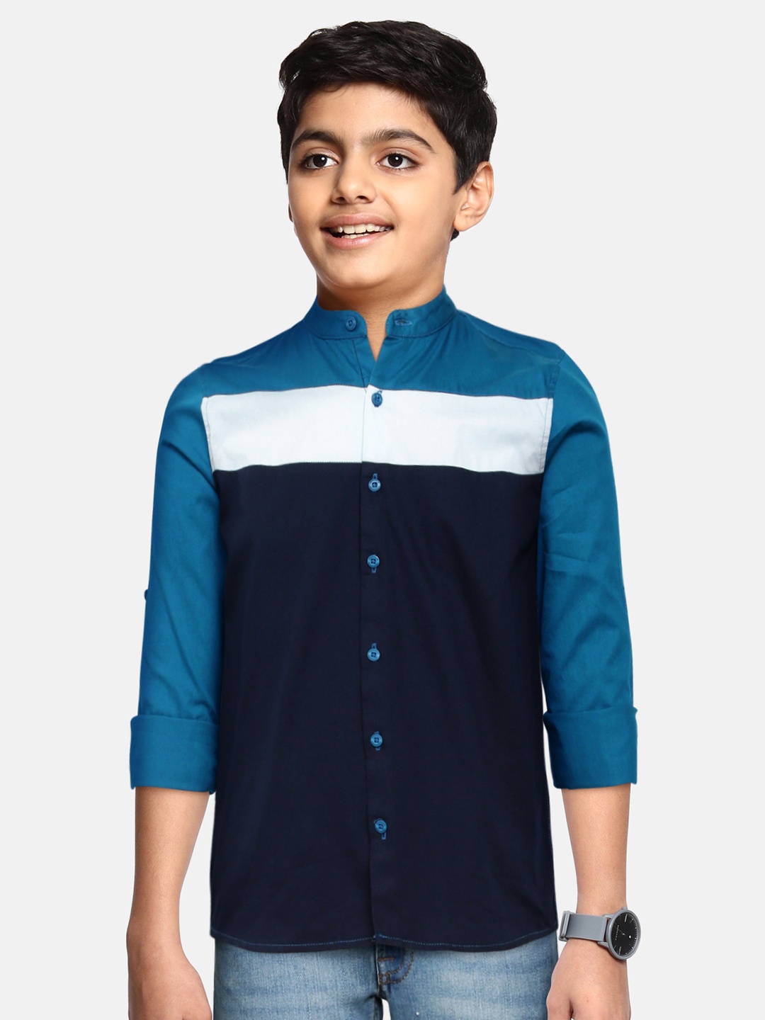 

HERE&NOW Boys Navy Blue Colourblocked Casual Shirt