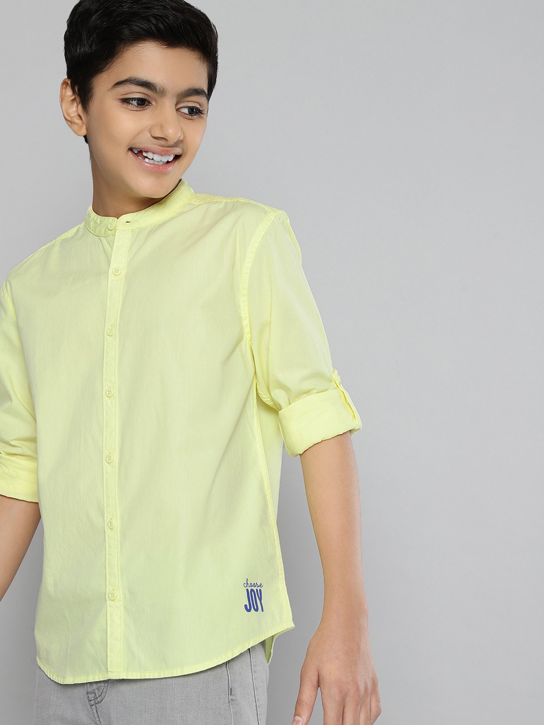 

HERE&NOW Boys Yellow Solid Mandarin Collar Pure Cotton Casual Shirt with Print Detail