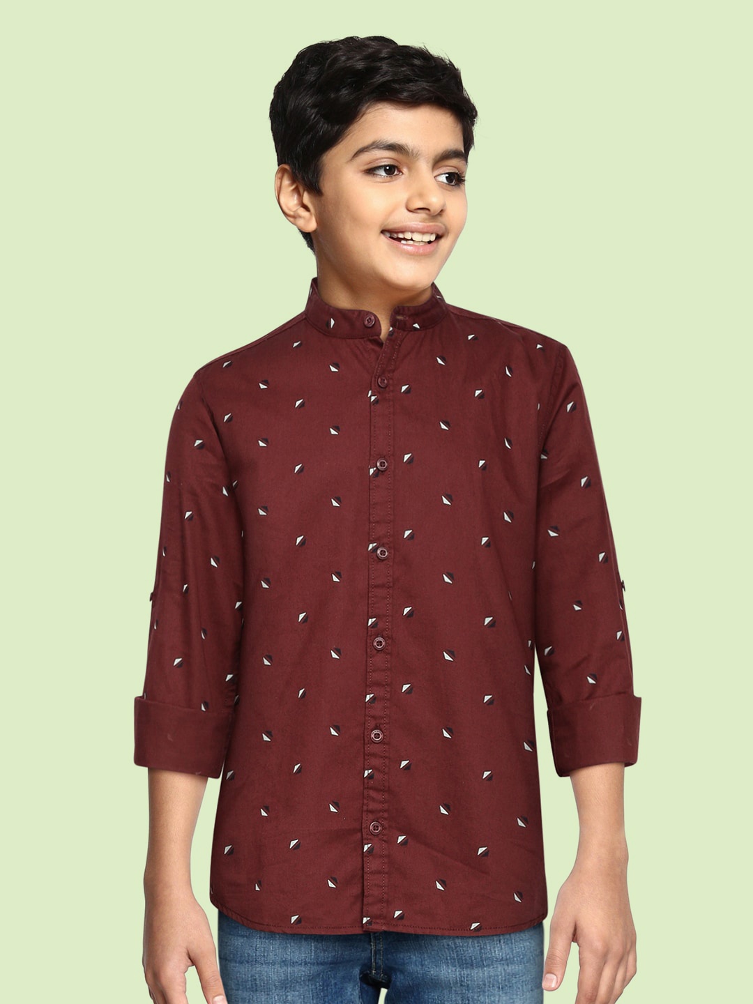 

HERE&NOW Boys Maroon Geometric Printed Mandarin Collar Pure Cotton Casual Shirt