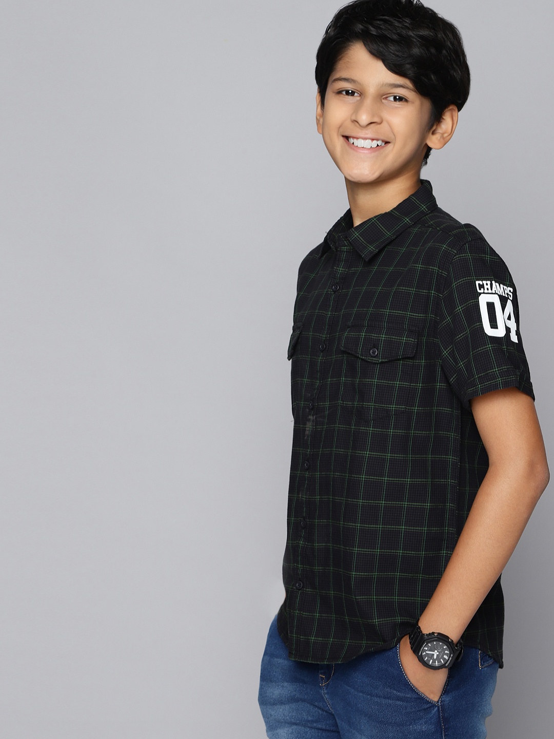 

HERE&NOW Boys Black Windowpane Checked Pure Cotton Casual Shirt