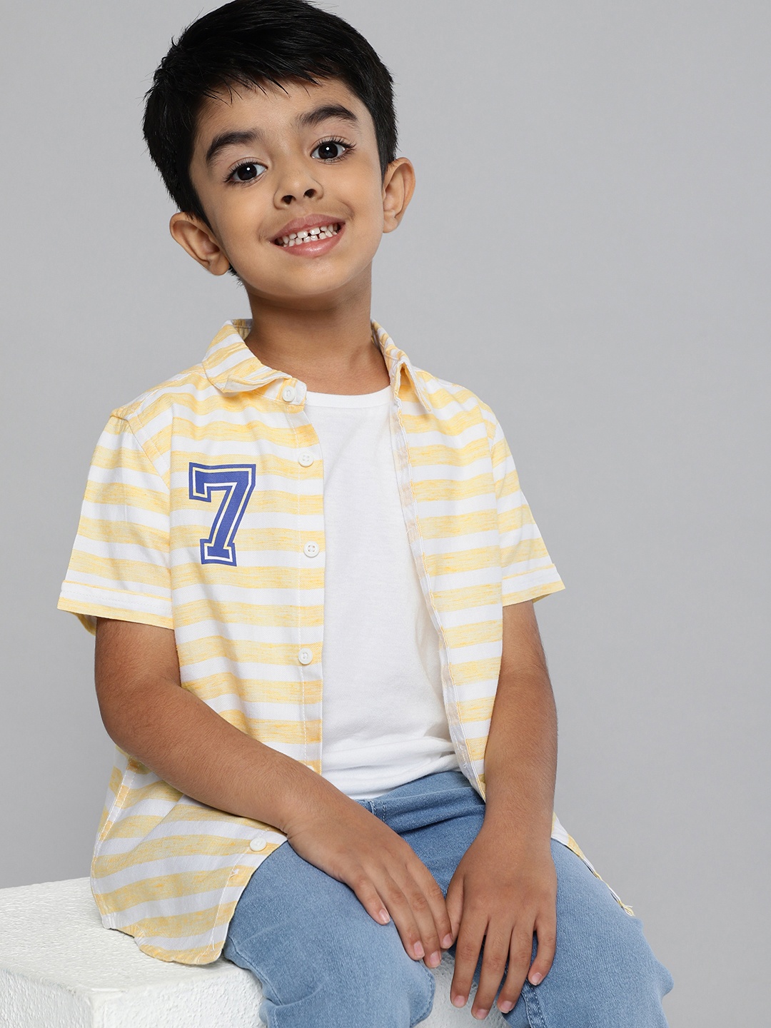 

HERE&NOW Boys Yellow Regular Fit Horizontal Stripes Opaque Pure Cotton Casual Shirt