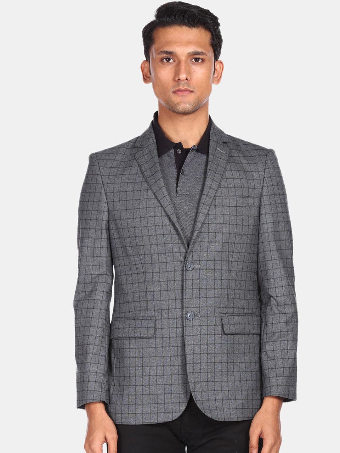 

AD By Arvind Men Grey & Black Checked Tailored-Fit Single Breasted Blazer