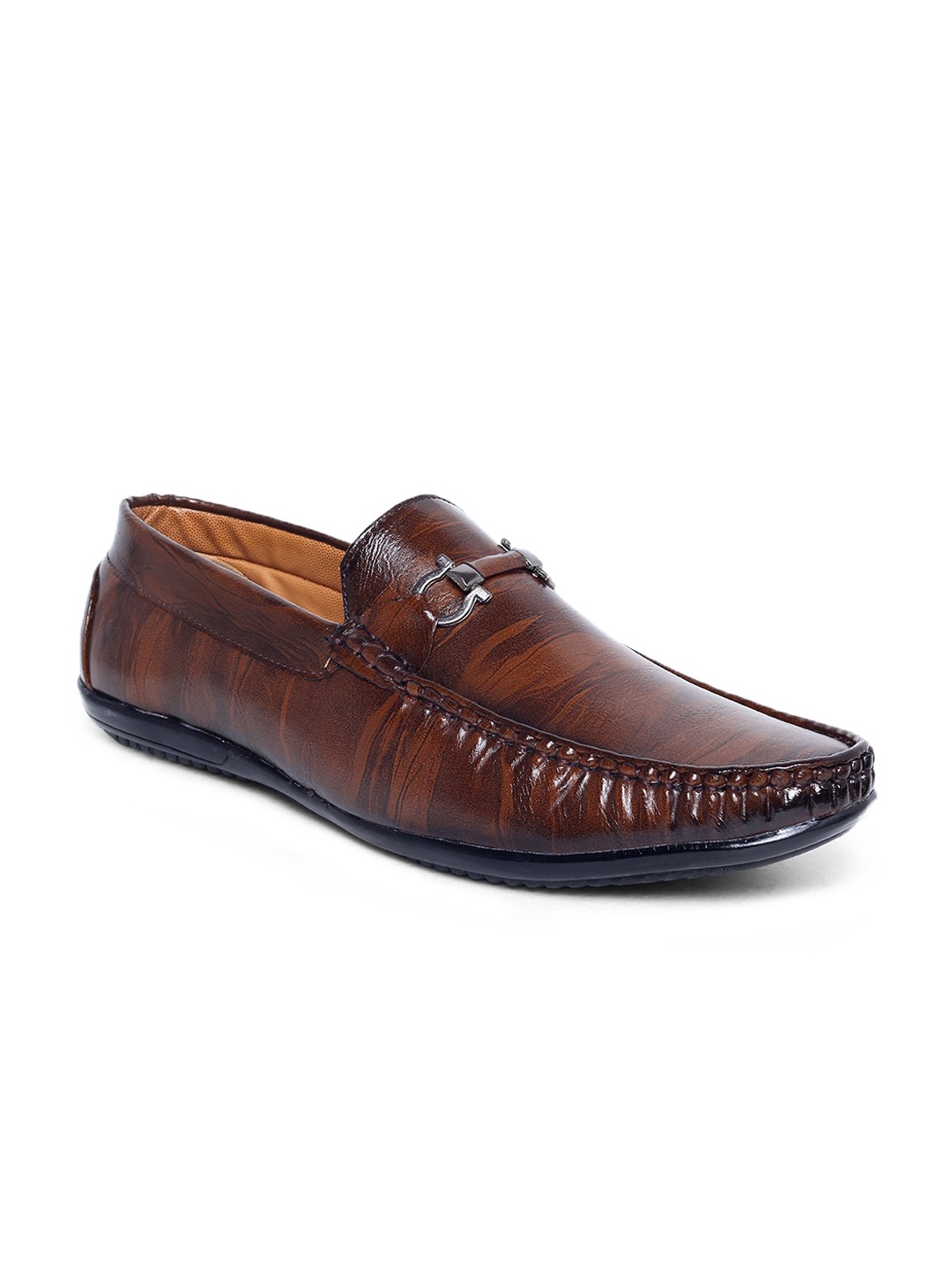 

MUTAQINOTI Men Brown Textured Patent Leather Loafers