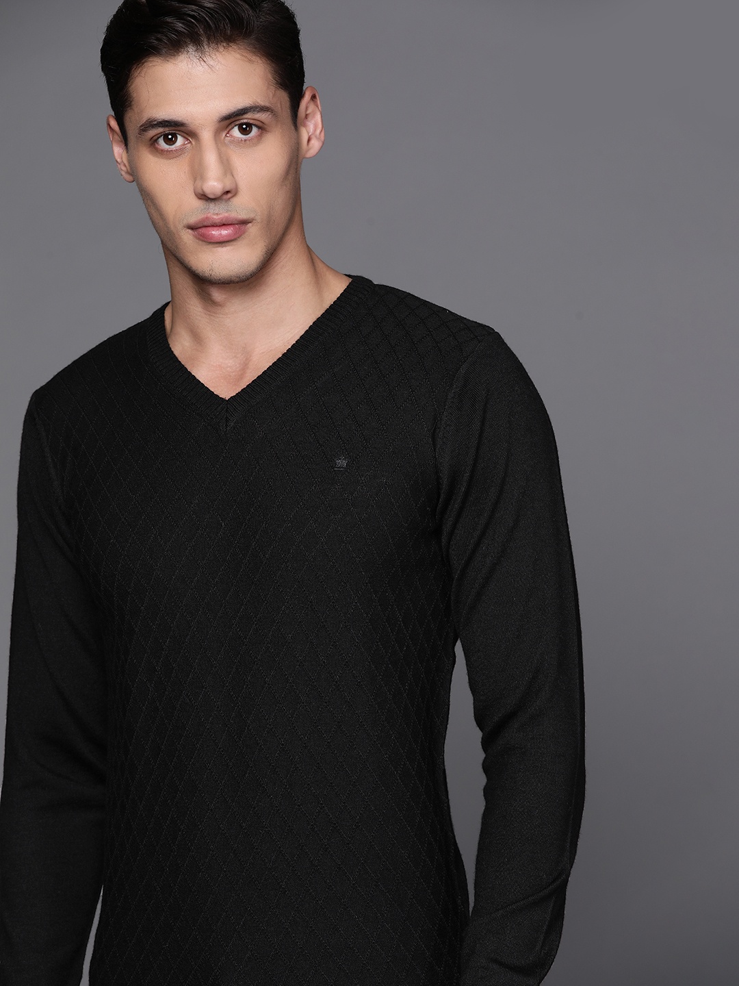 

Louis Philippe Men Black Self Design Pullover