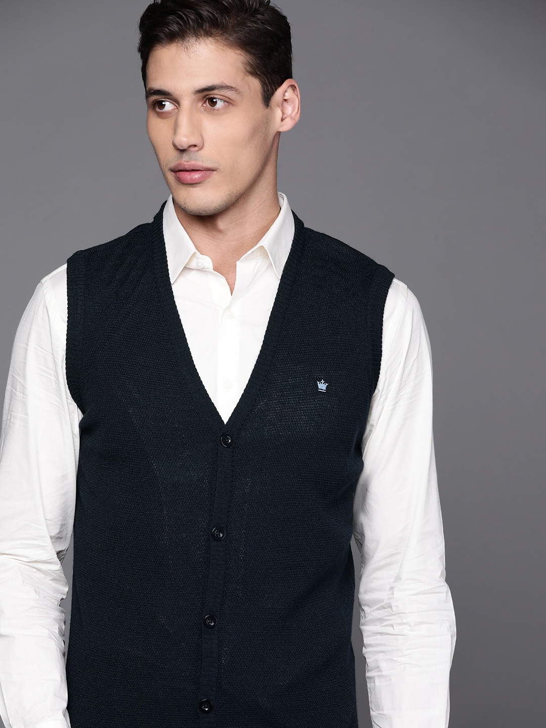 

Louis Philippe Men Navy Blue Self Design Cardigan