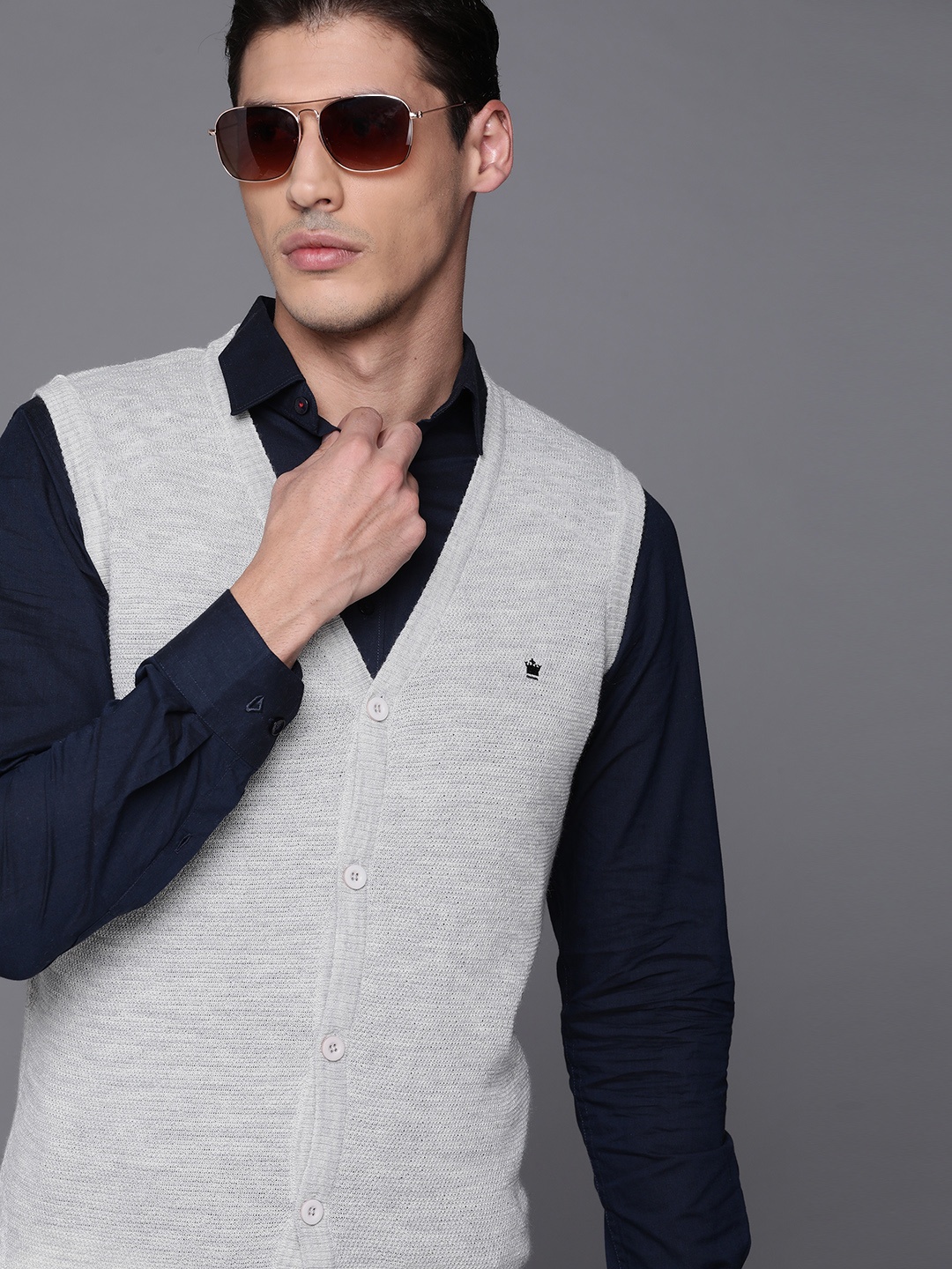

Louis Philippe Men Grey Melange Self-Design Cardigan