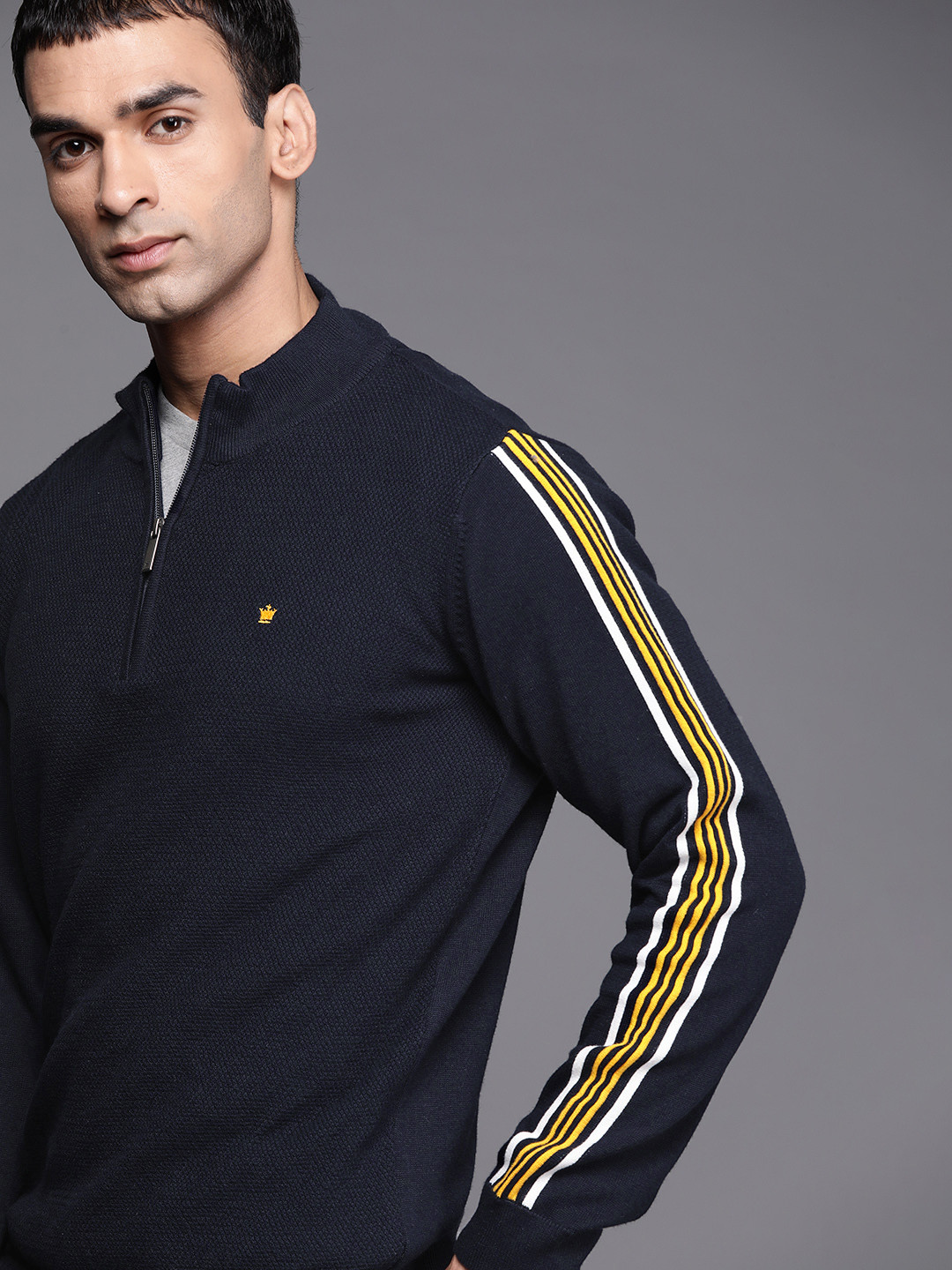 

Louis Philippe Men Navy Blue Textured Effect Half-Zipper Pullover