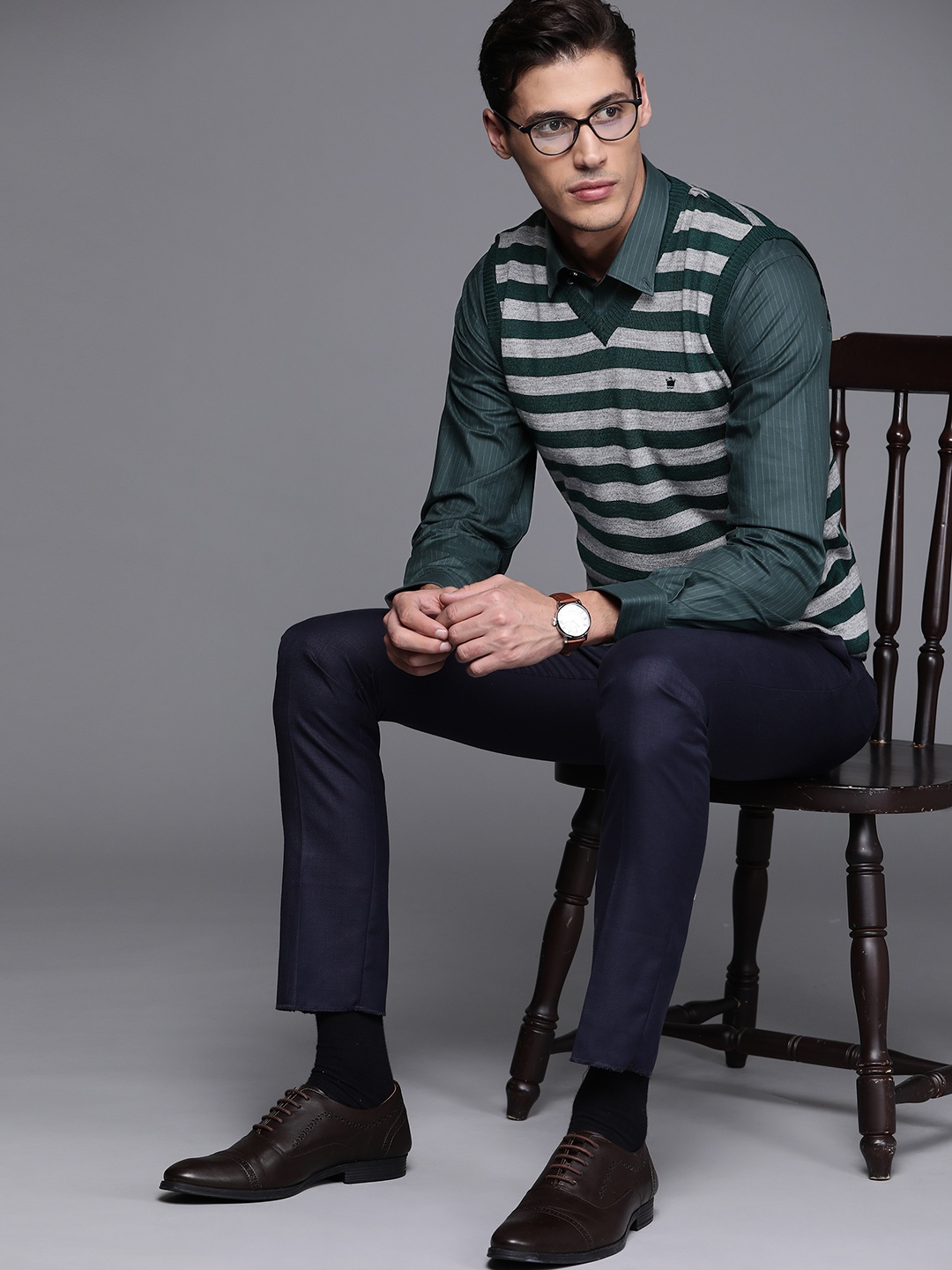 

Louis Philippe Men Grey Melange & Green Striped Sweater Vest