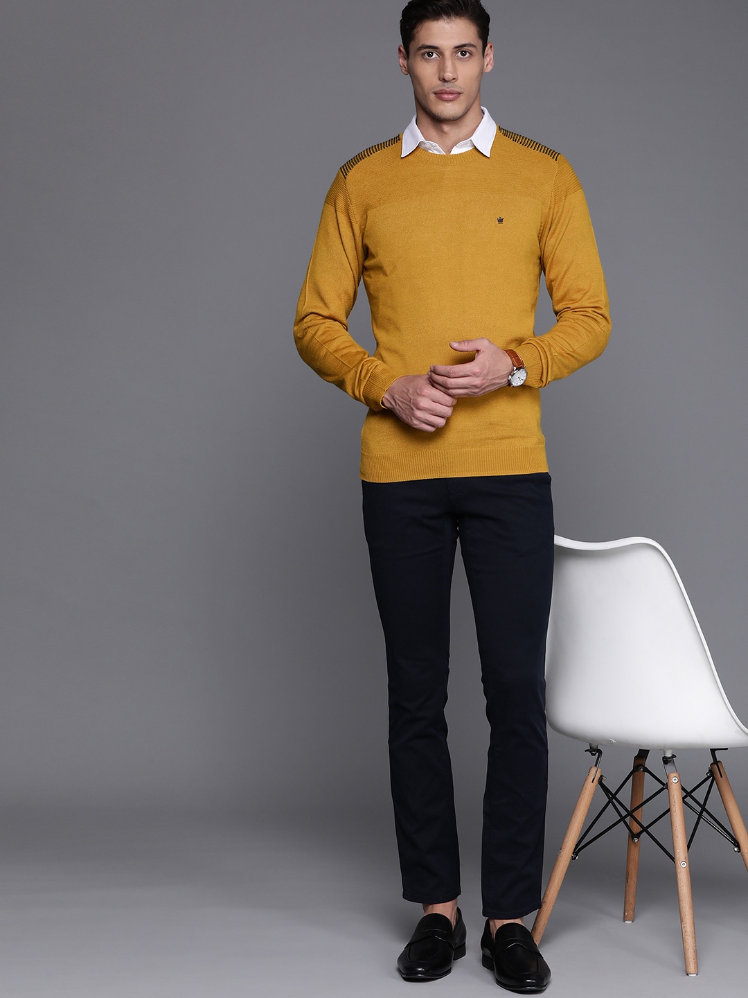 

Louis Philippe Men Mustard Yellow Solid Pullover