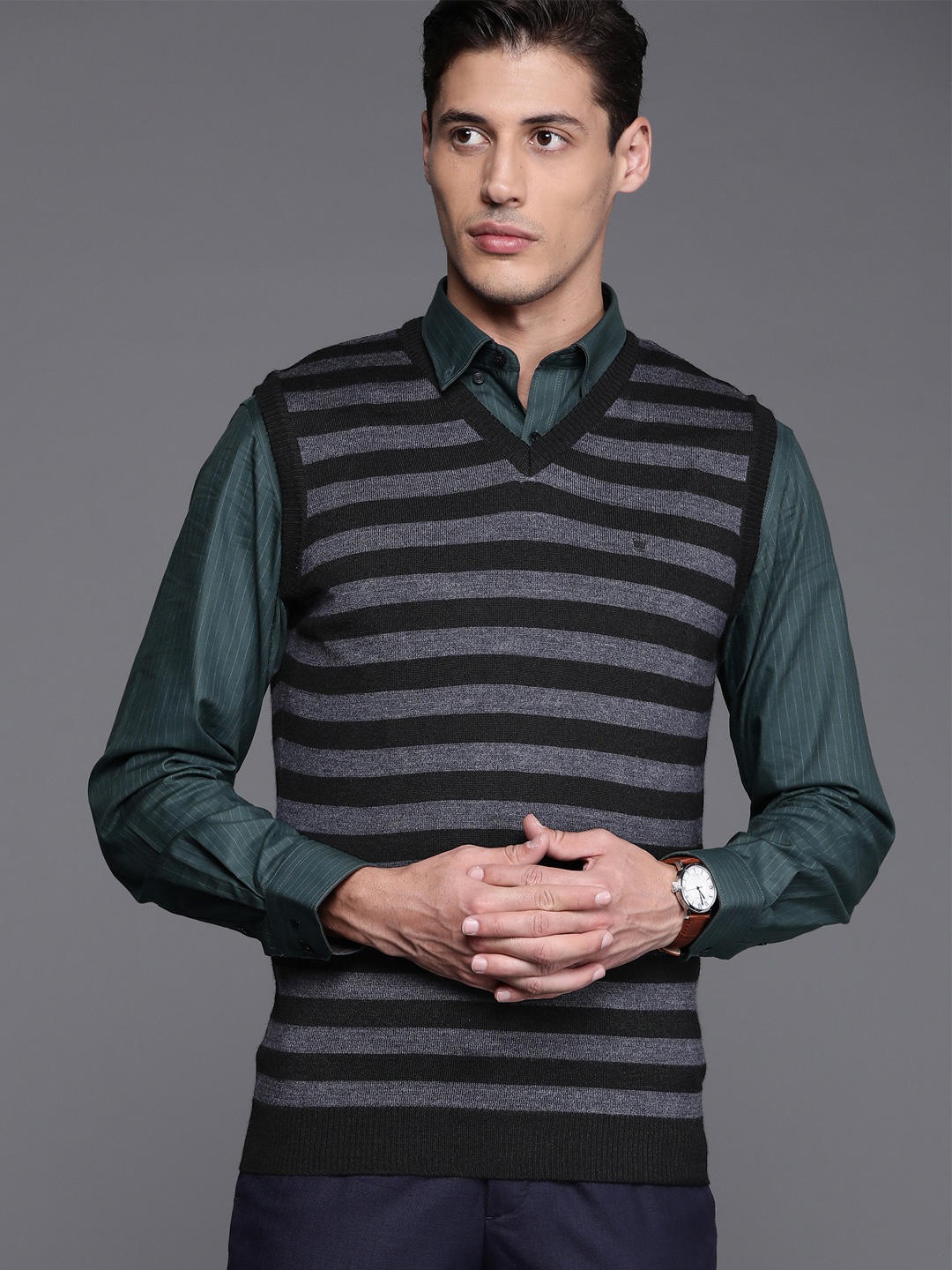 

Louis Philippe Men Black & Charcoal Grey Striped Sweater Vest