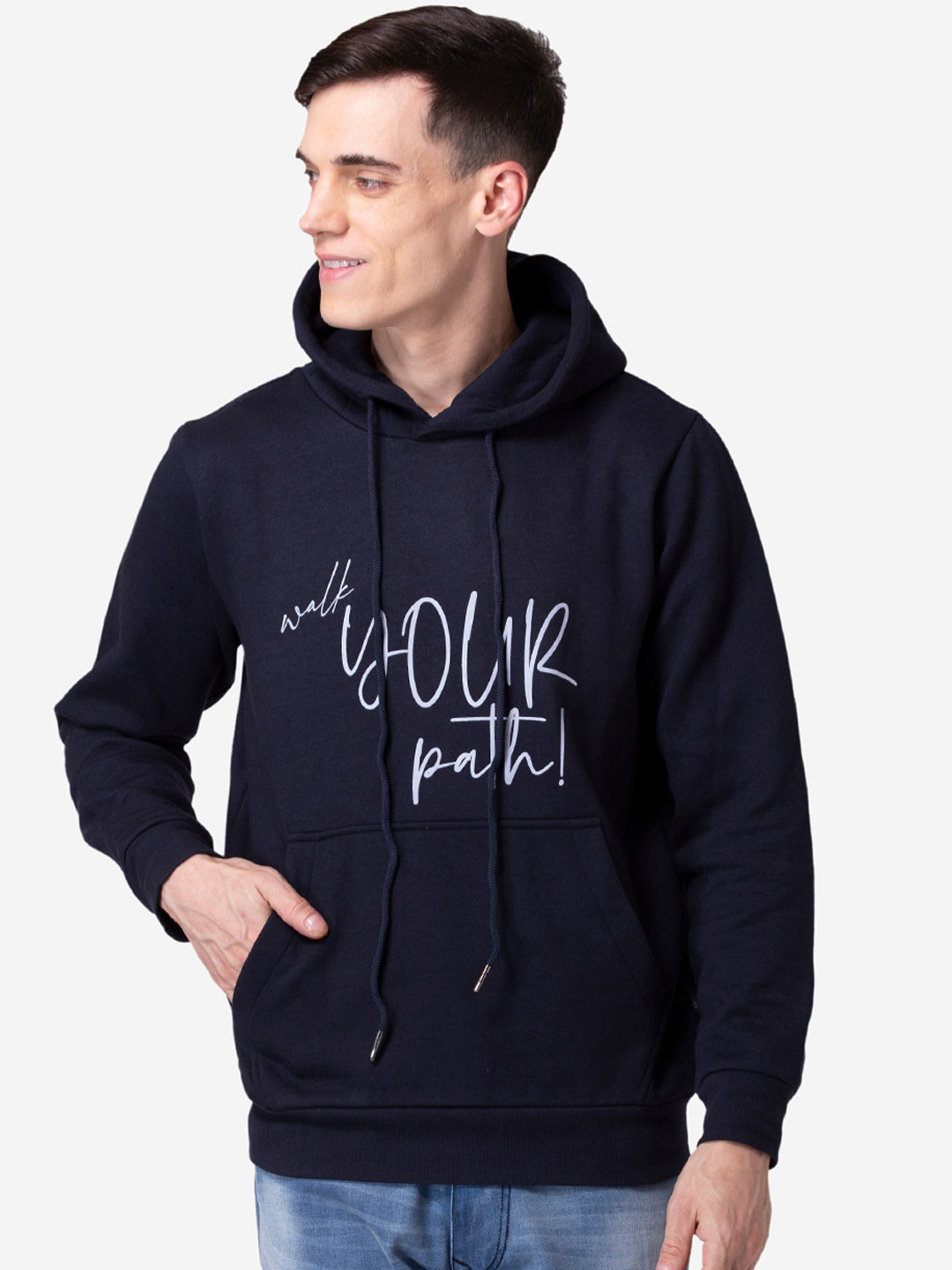 

Allen Cooper Men Navy Blue Printed Hooded Sweatshirt