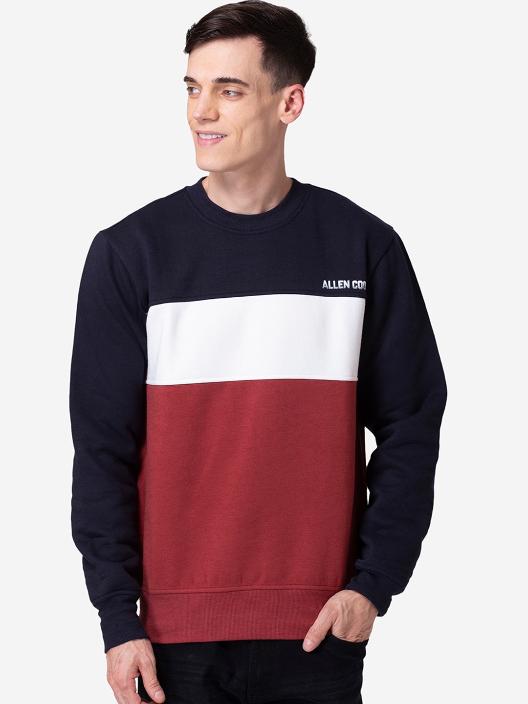 

Allen Cooper Men Navy Blue Colourblocked Sweatshirt
