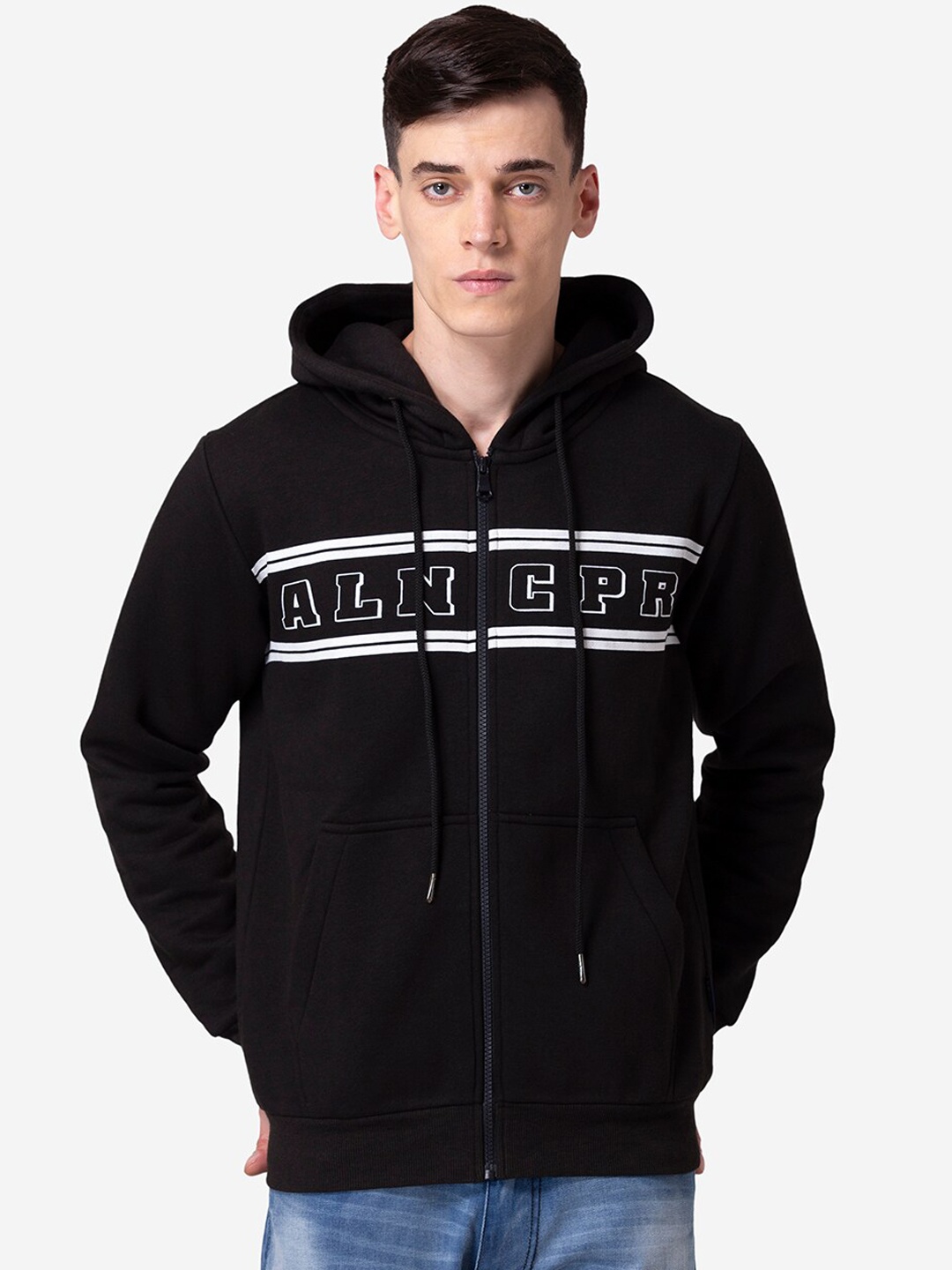 

Allen Cooper Men Black Printed Hooded Sweatshirt