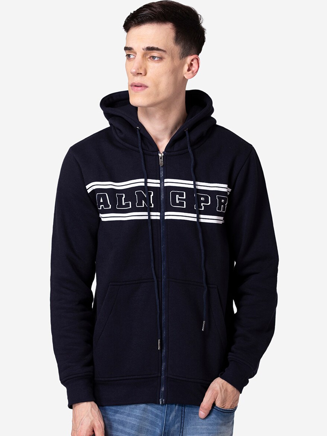 

Allen Cooper Men Navy Blue Printed Hooded Sweatshirt