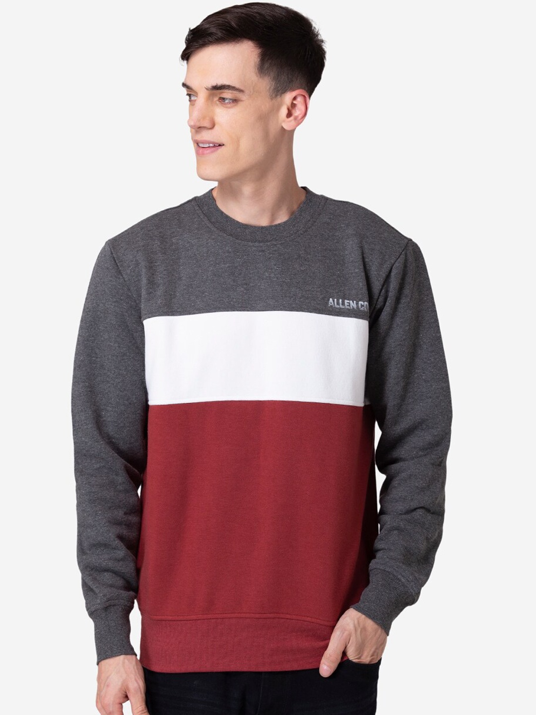 

Allen Cooper Men Grey & Red Colourblocked Sweatshirt