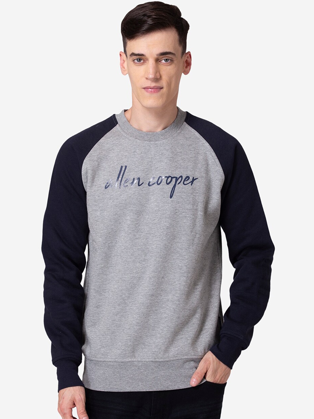 

Allen Cooper Men Grey Melange & Black Printed Sweatshirt