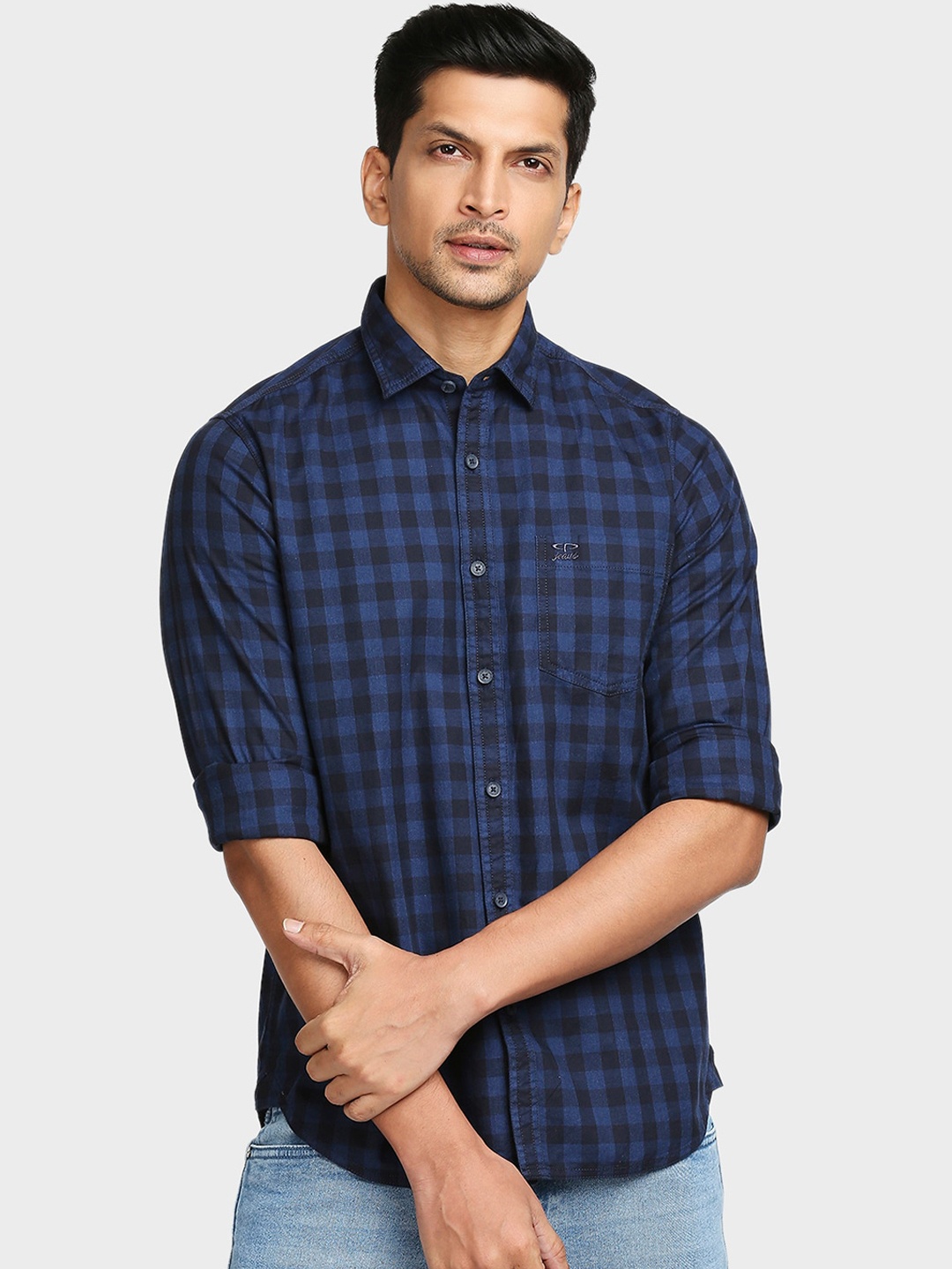 

ColorPlus Men Blue Tailored Fit Opaque Checked Casual Shirt