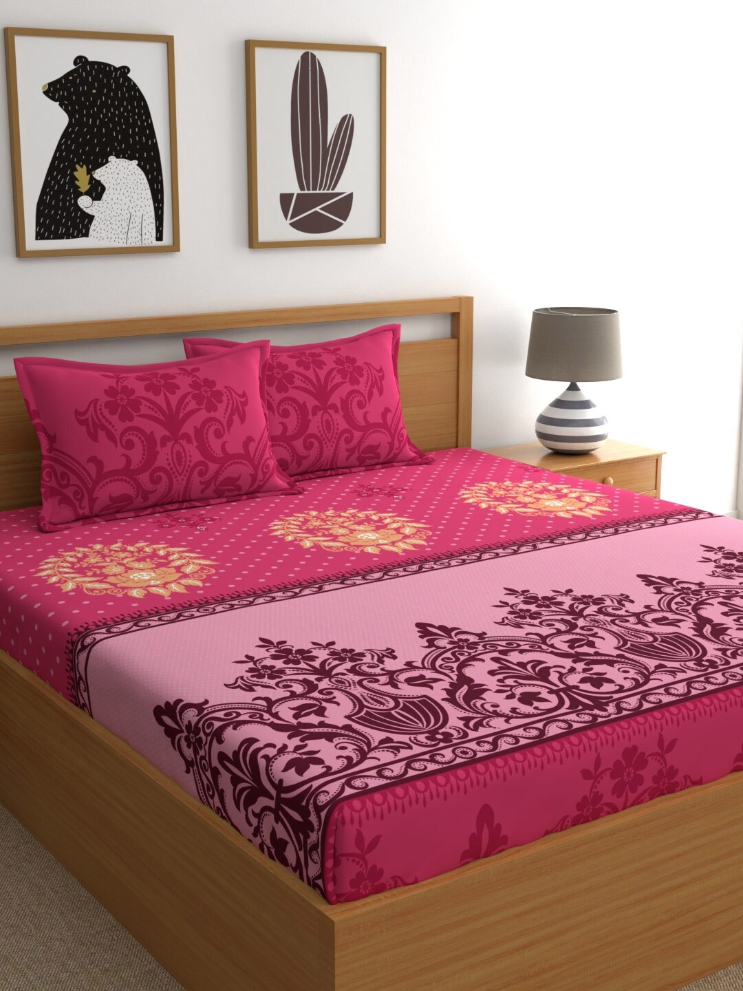 

Dreamscape Pink & Beige Ethnic Motifs 144 TC King Bedsheet with 2 Pillow Covers