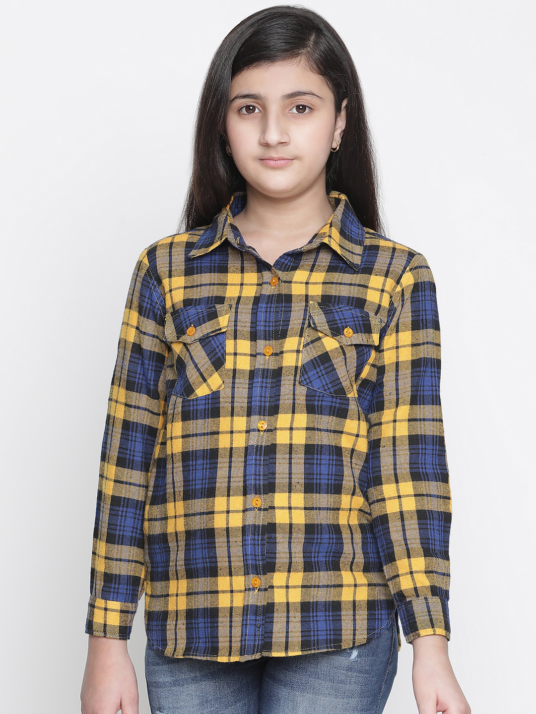 

Oxolloxo Girls Yellow Tartan Checks Opaque Checked Casual Shirt