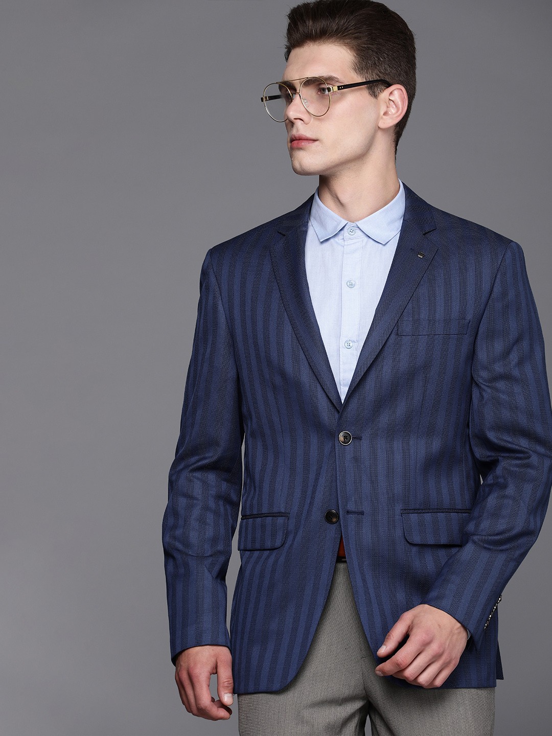 

Louis Philippe Men Blue Striped Slim Fit Single-Breasted Formal Blazer
