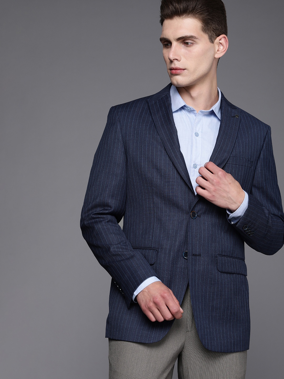 

Louis Philippe Men Navy-Blue Striped Slim Fit Single-Breasted Formal Blazer